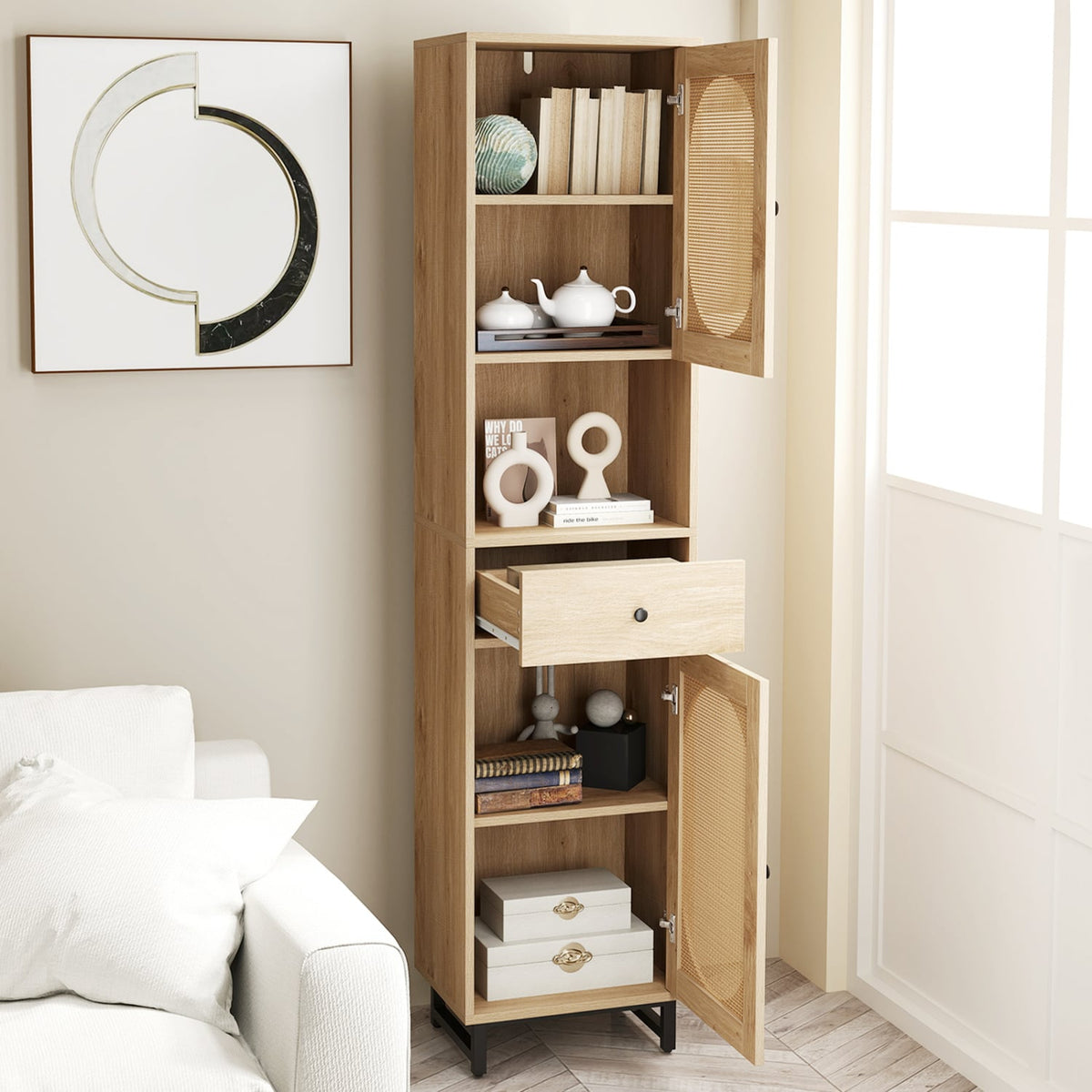 67" Tall Bathroom Cabinet - PE Rattan 2-Door Floor Storage Natural-Bathroom Floor Cabinets-DECOROLALA