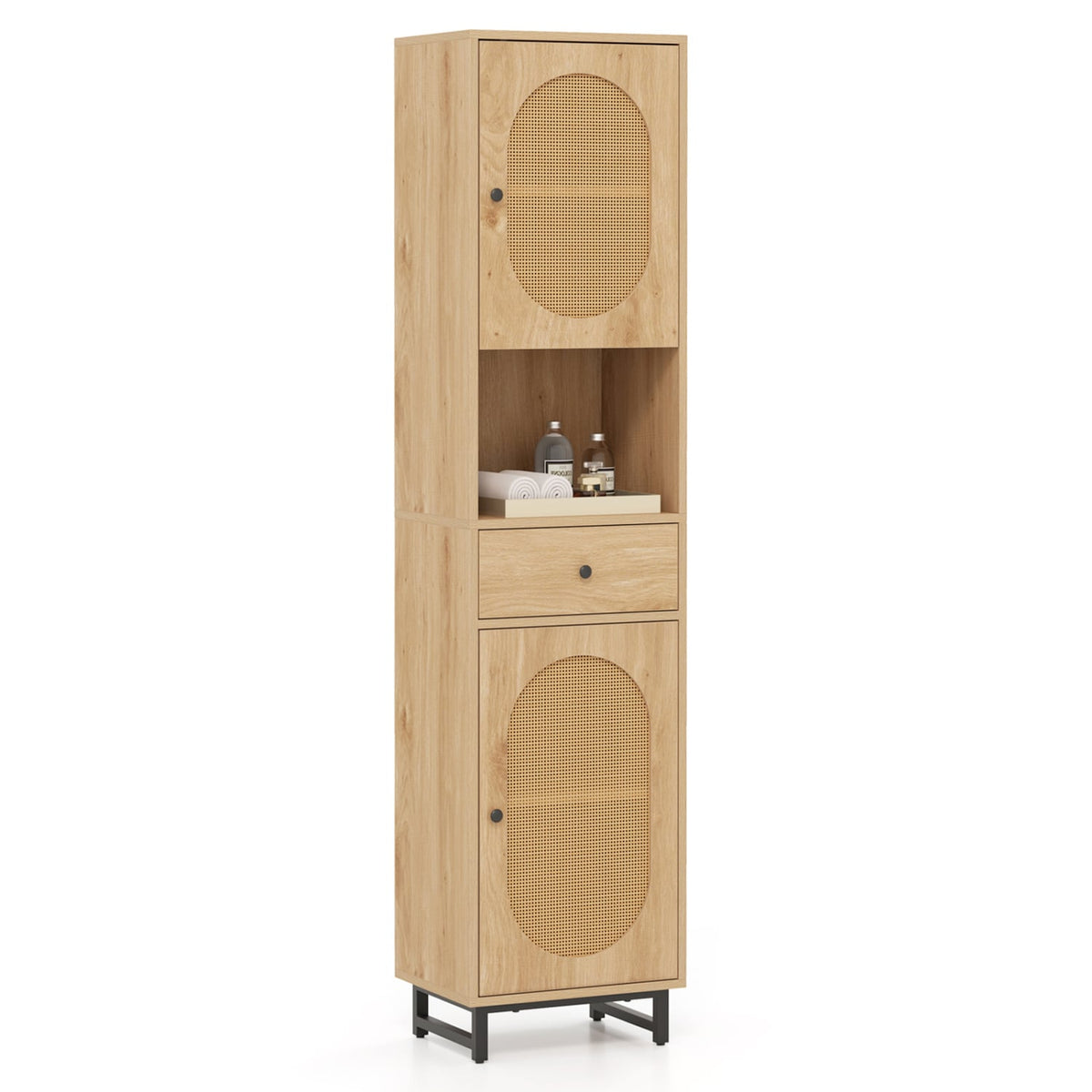 67" Tall Bathroom Cabinet - PE Rattan 2-Door Floor Storage Natural-Floor Cabinets-DECOROLALA