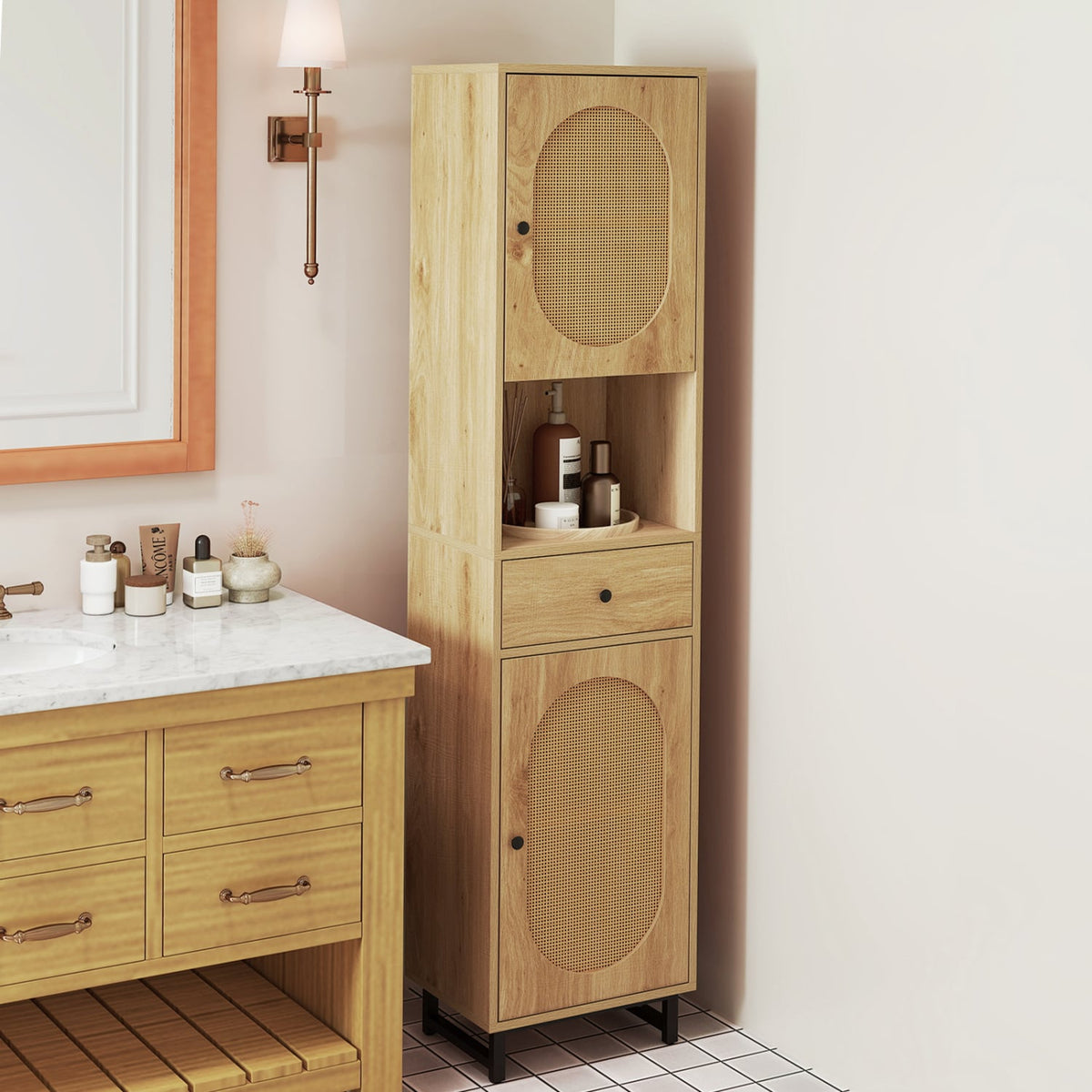 67" Tall Bathroom Cabinet - PE Rattan 2-Door Floor Storage Natural-Floor Cabinets-DECOROLALA