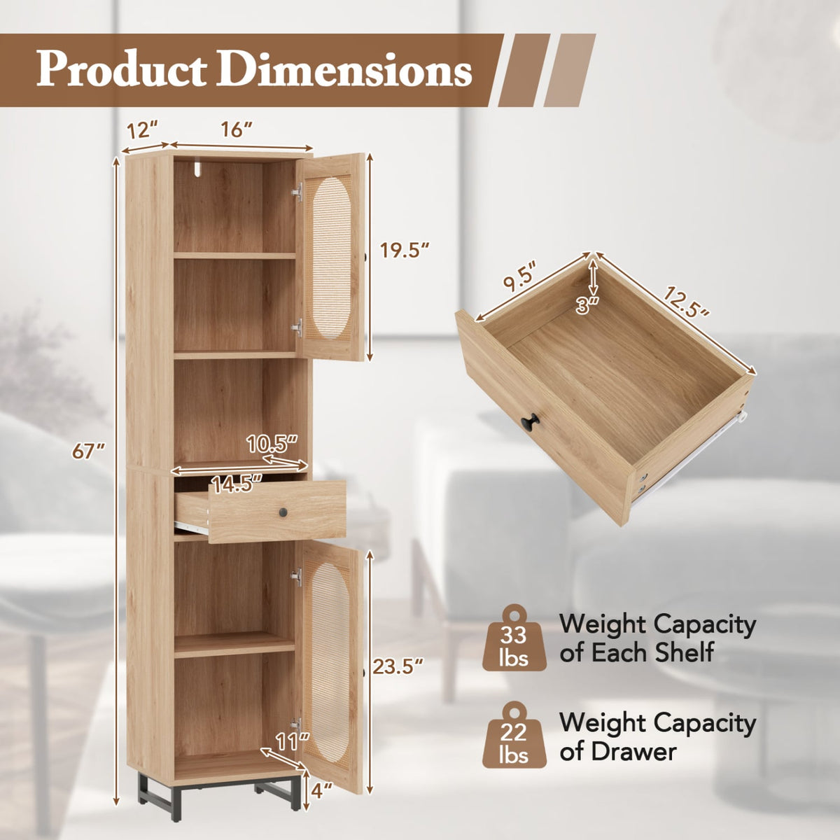 67" Tall Bathroom Cabinet - PE Rattan 2-Door Floor Storage Natural-Floor Cabinets-DECOROLALA