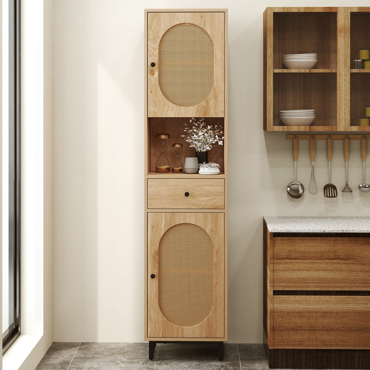 67" Tall Bathroom Cabinet - PE Rattan 2-Door Floor Storage Natural-Floor Cabinets-DECOROLALA