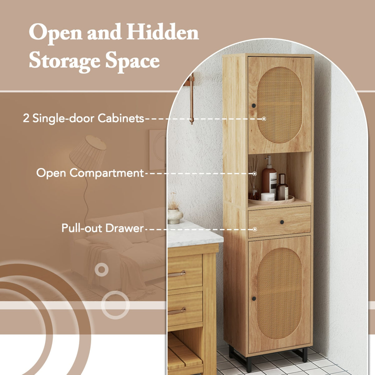 67" Tall Bathroom Cabinet - PE Rattan 2-Door Floor Storage Natural-Floor Cabinets-DECOROLALA