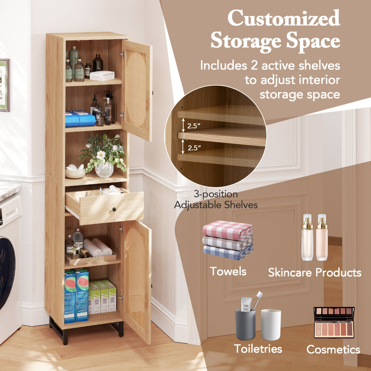 67" Tall Bathroom Cabinet - PE Rattan 2-Door Floor Storage Natural-Floor Cabinets-DECOROLALA