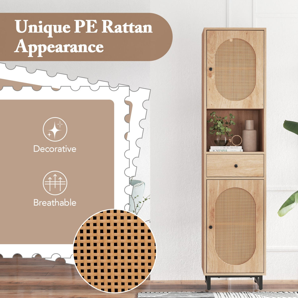 67" Tall Bathroom Cabinet - PE Rattan 2-Door Floor Storage Natural-Floor Cabinets-DECOROLALA