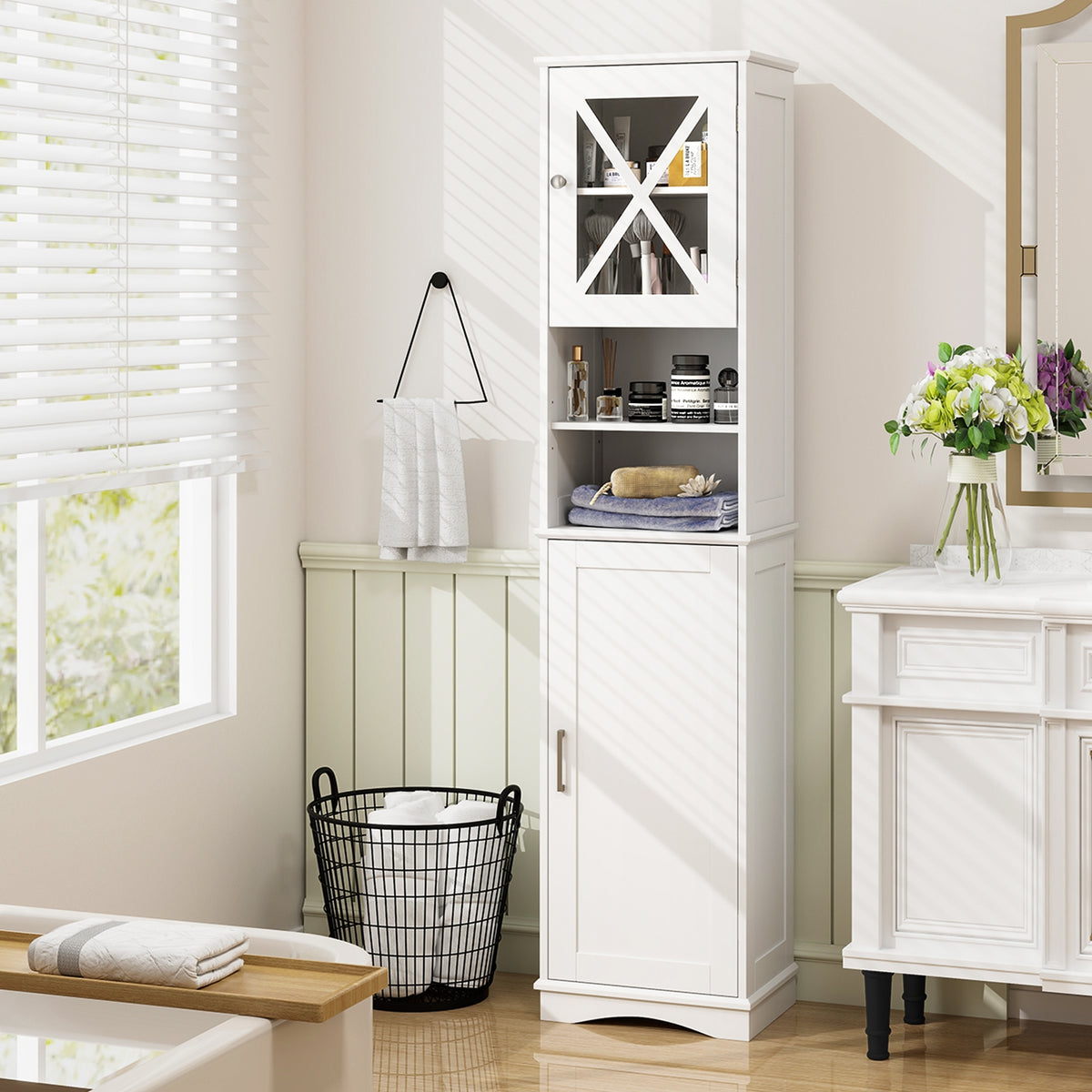 67" Tall Bathroom Storage Cabinet with 5 Adjustable Shelves - White-Floor Cabinets-DECOROLALA
