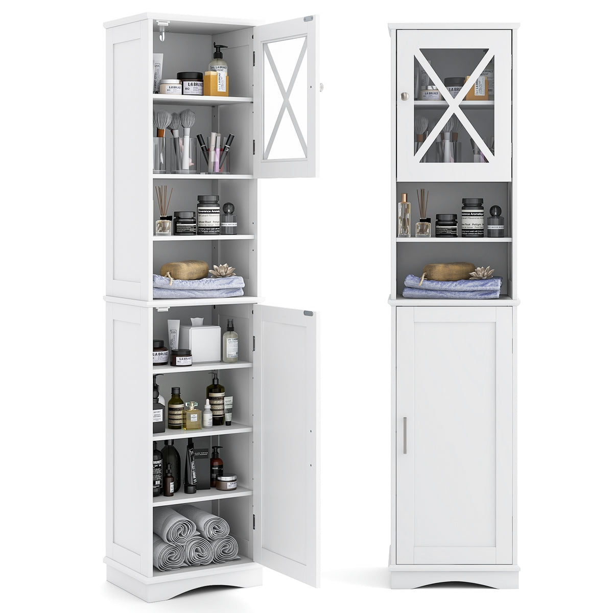 67" Tall Bathroom Storage Cabinet with 5 Adjustable Shelves - White-Floor Cabinets-DECOROLALA