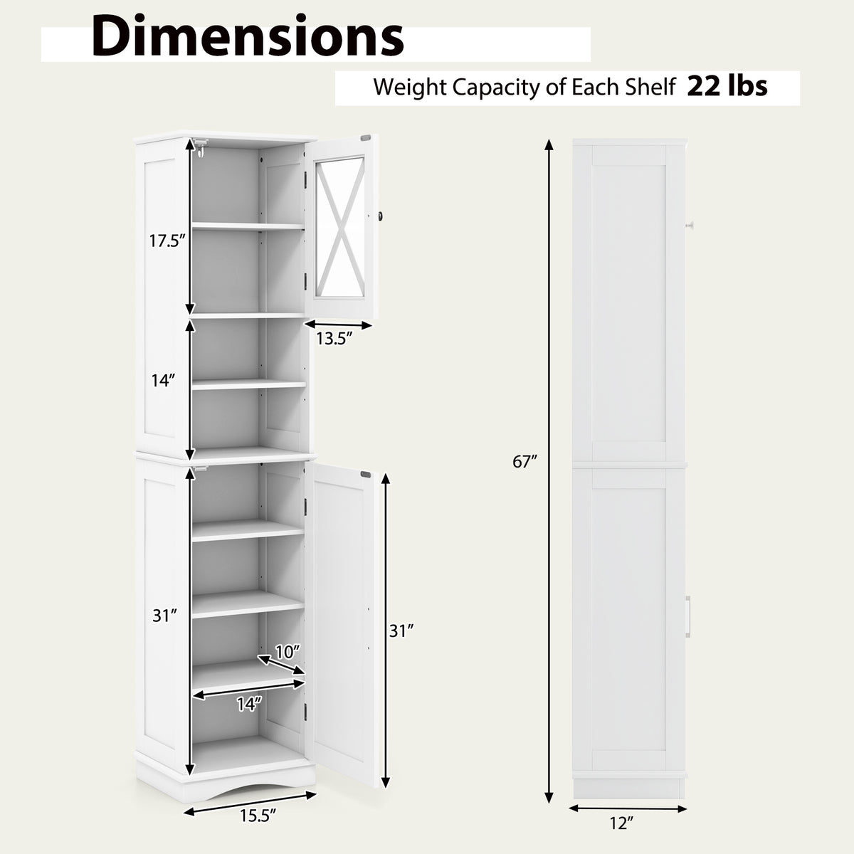 67" Tall Bathroom Storage Cabinet with 5 Adjustable Shelves - White-Floor Cabinets-DECOROLALA