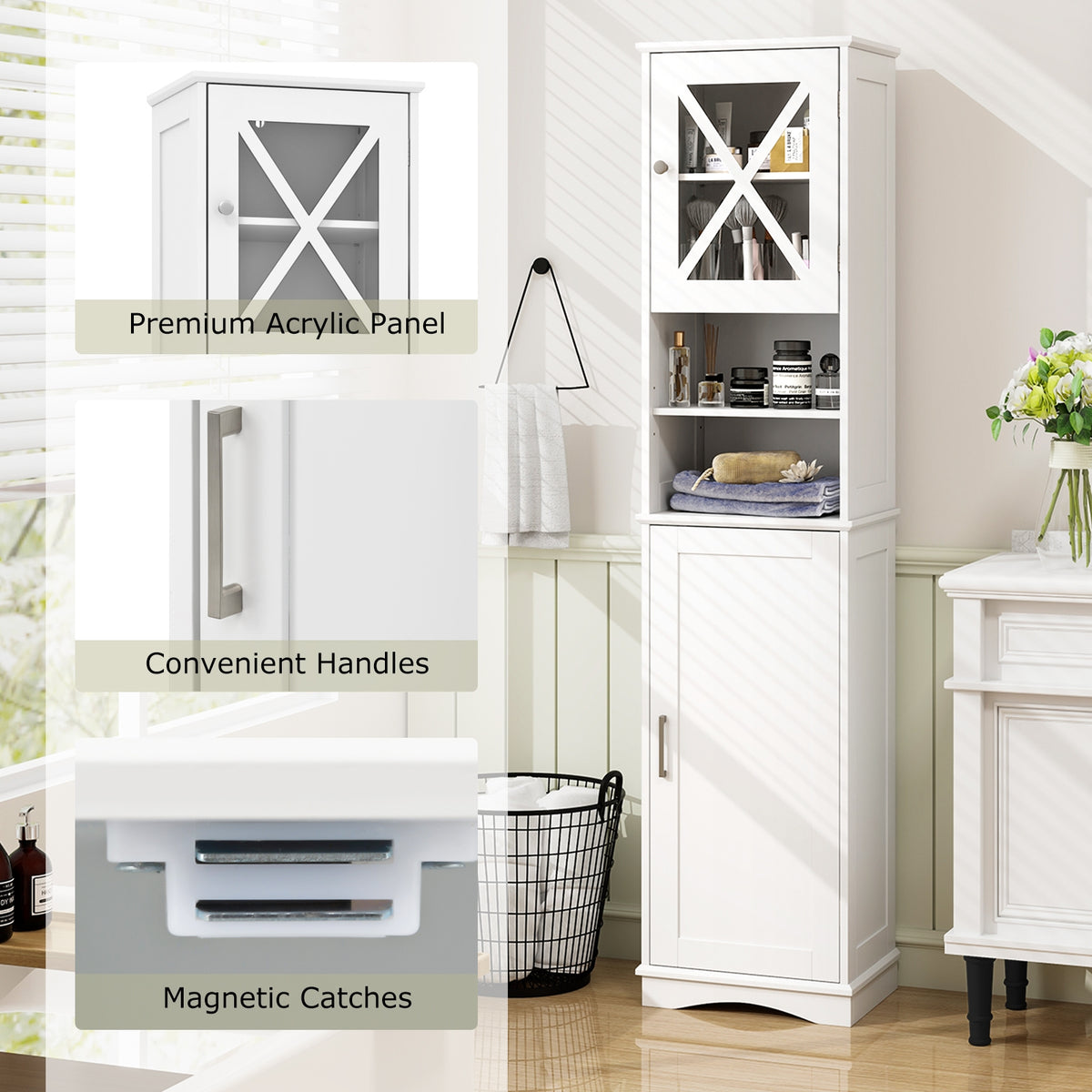 67" Tall Bathroom Storage Cabinet with 5 Adjustable Shelves - White-Floor Cabinets-DECOROLALA