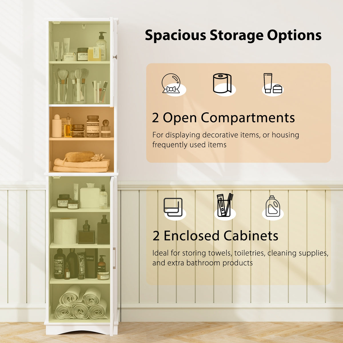 67" Tall Bathroom Storage Cabinet with 5 Adjustable Shelves - White-Floor Cabinets-DECOROLALA