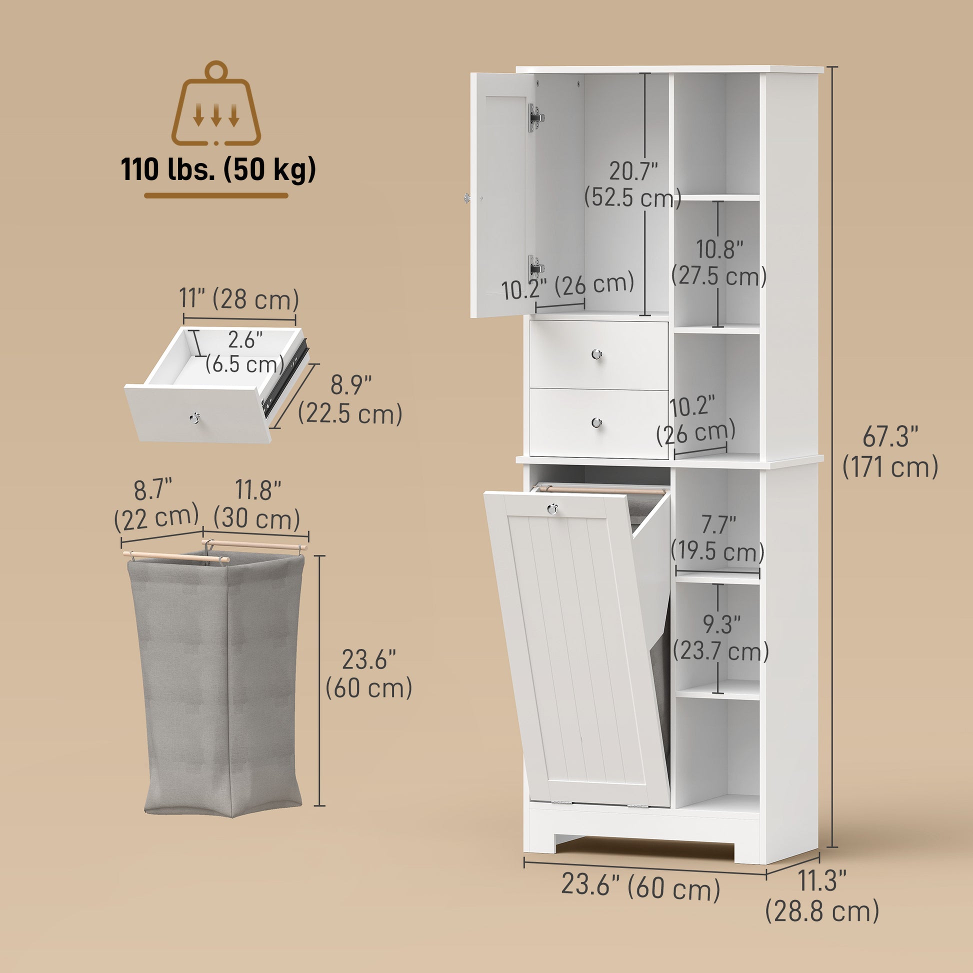 67" Tall Bathroom Storage Cabinet with Laundry Hamper - White-DECOROLALA