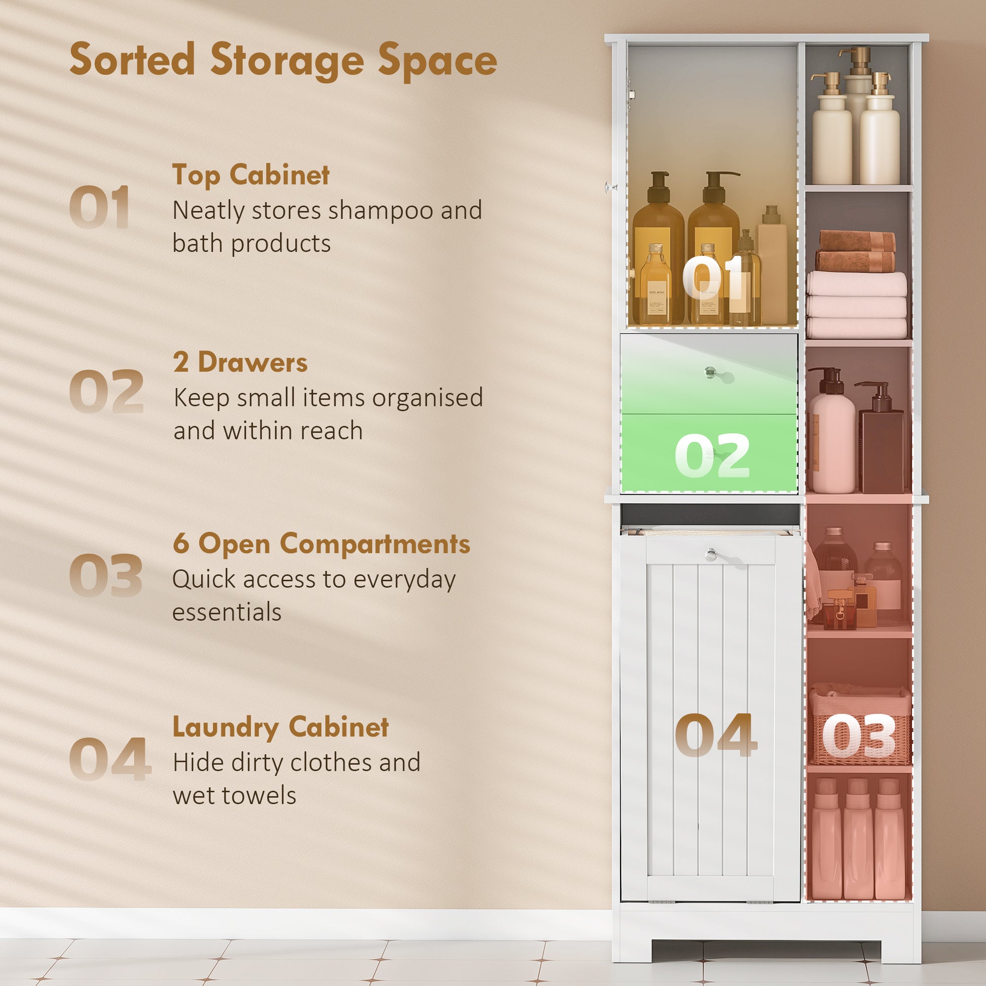 67" Tall Bathroom Storage Cabinet with Laundry Hamper - White-DECOROLALA