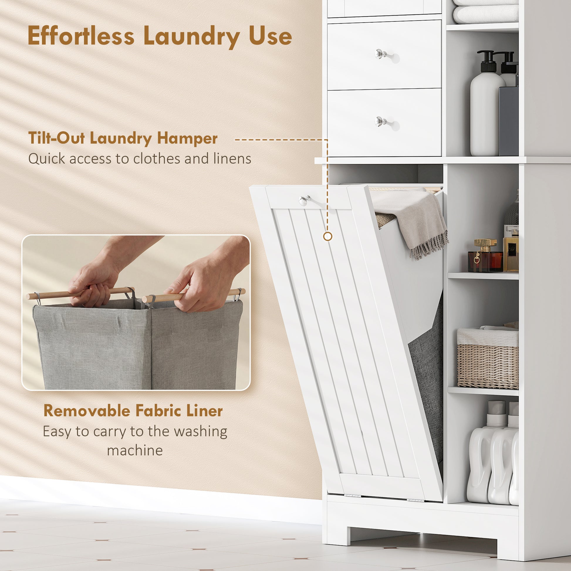 67" Tall Bathroom Storage Cabinet with Laundry Hamper - White-DECOROLALA