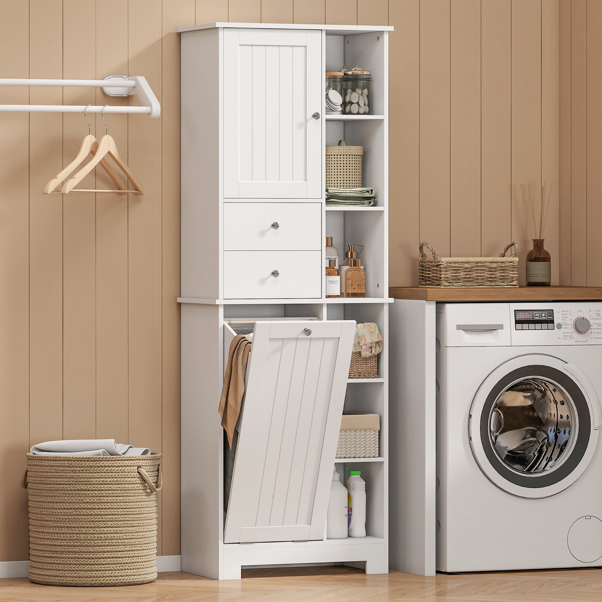 67" Tall Bathroom Storage Cabinet with Laundry Hamper - White-DECOROLALA