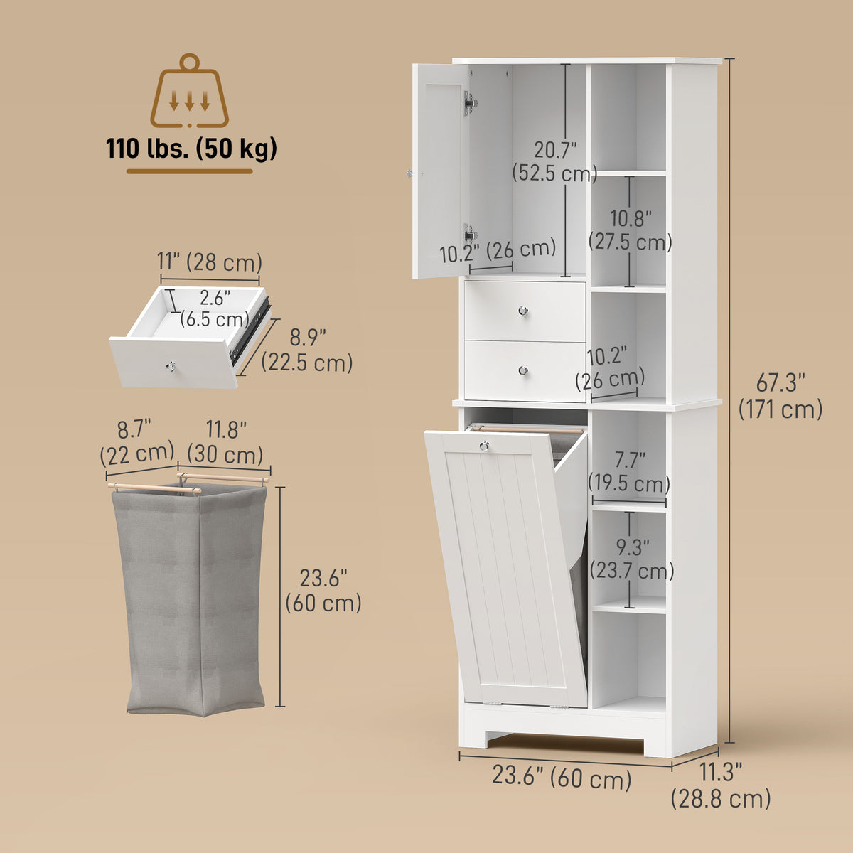 67" Tall Bathroom Storage Cabinet with Laundry Hamper - White-Bathroom Cabinets-DECOROLALA