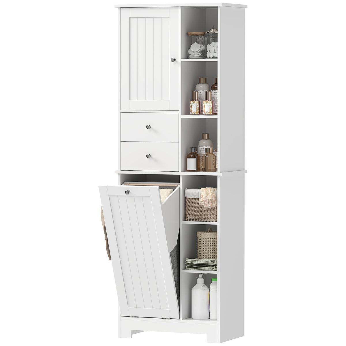 67" Tall Bathroom Storage Cabinet with Laundry Hamper - White-Bathroom Cabinets-DECOROLALA
