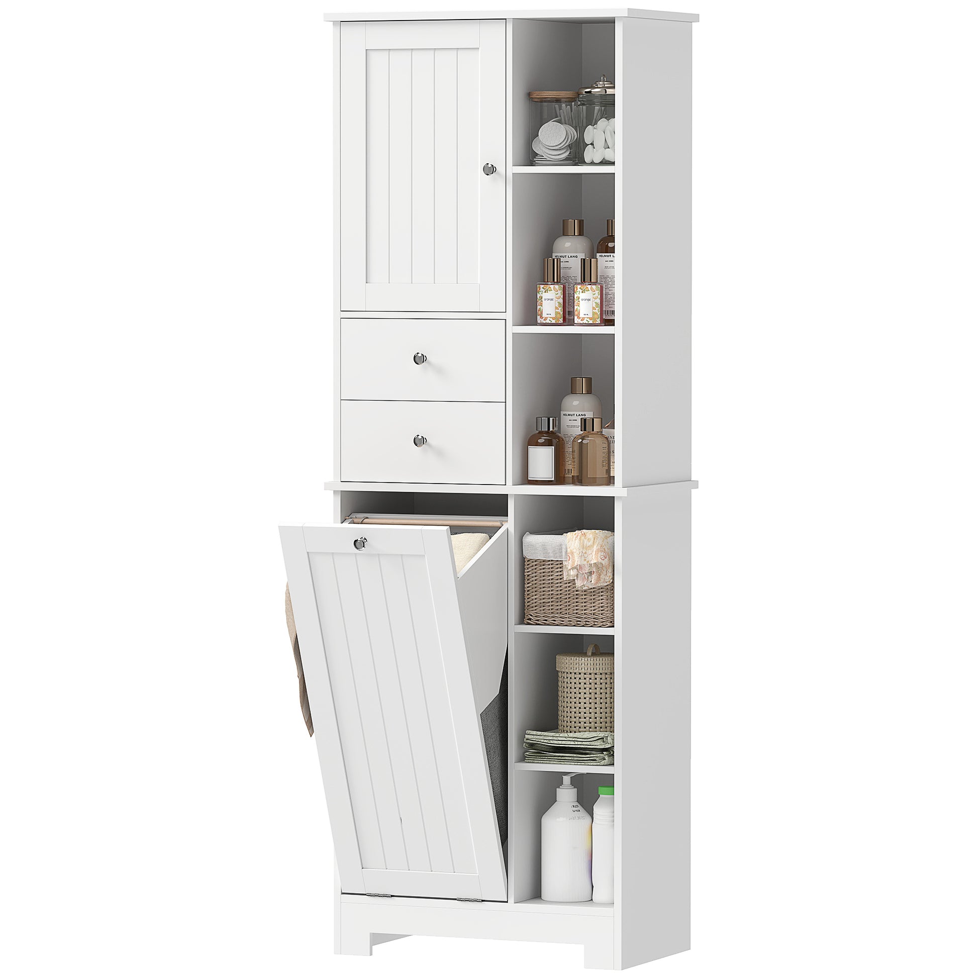 67" Tall Bathroom Storage Cabinet with Laundry Hamper - White-DECOROLALA