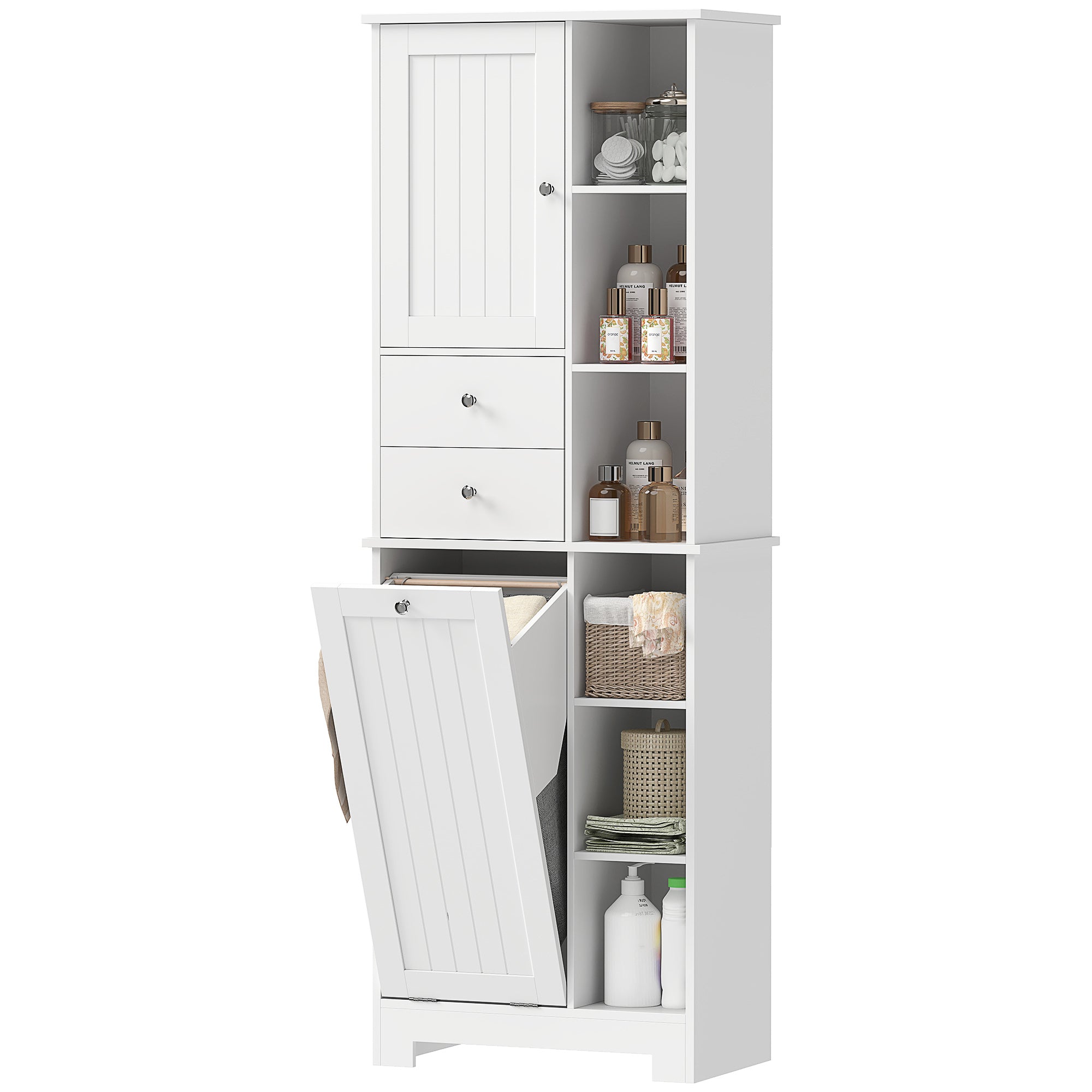 67" Tall Bathroom Storage Cabinet with Laundry Hamper - White-DECOROLALA