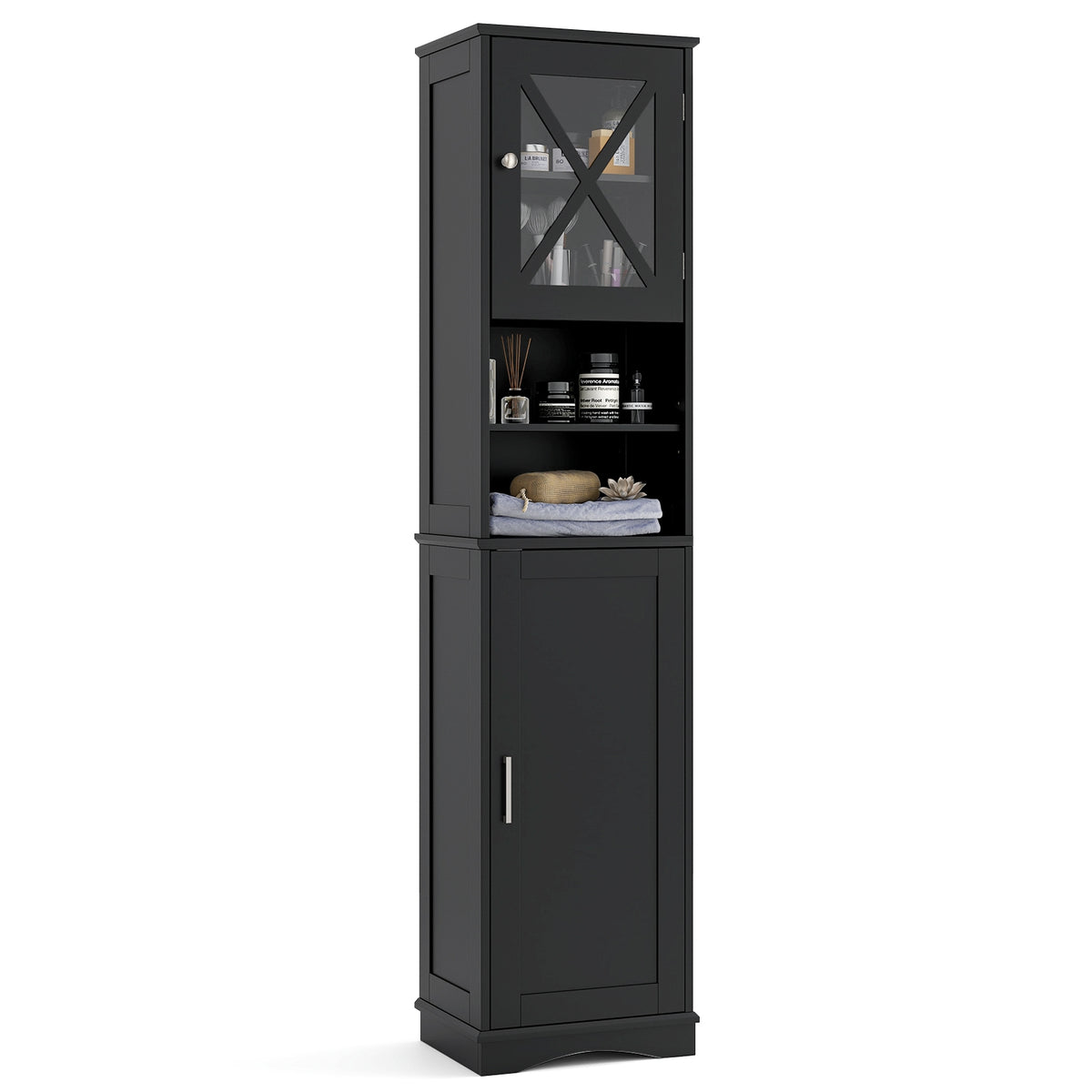 67" Tall Freestanding Bathroom Cabinet - Black Slim Storage-Floor Cabinets-DECOROLALA
