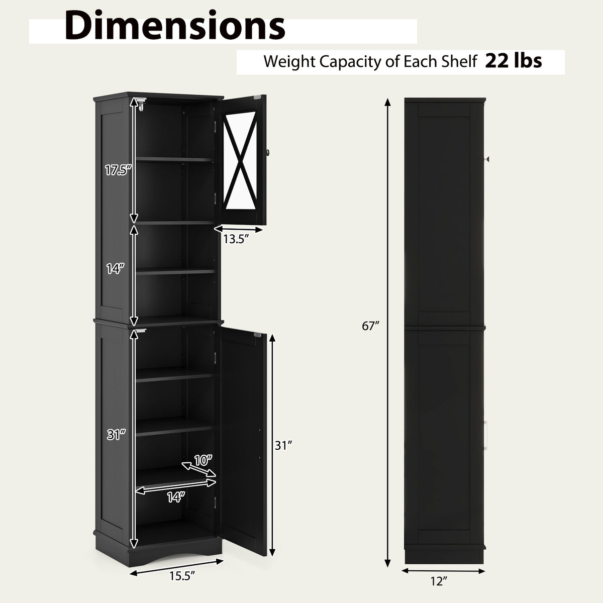 67" Tall Freestanding Bathroom Cabinet - Black Slim Storage-Floor Cabinets-DECOROLALA