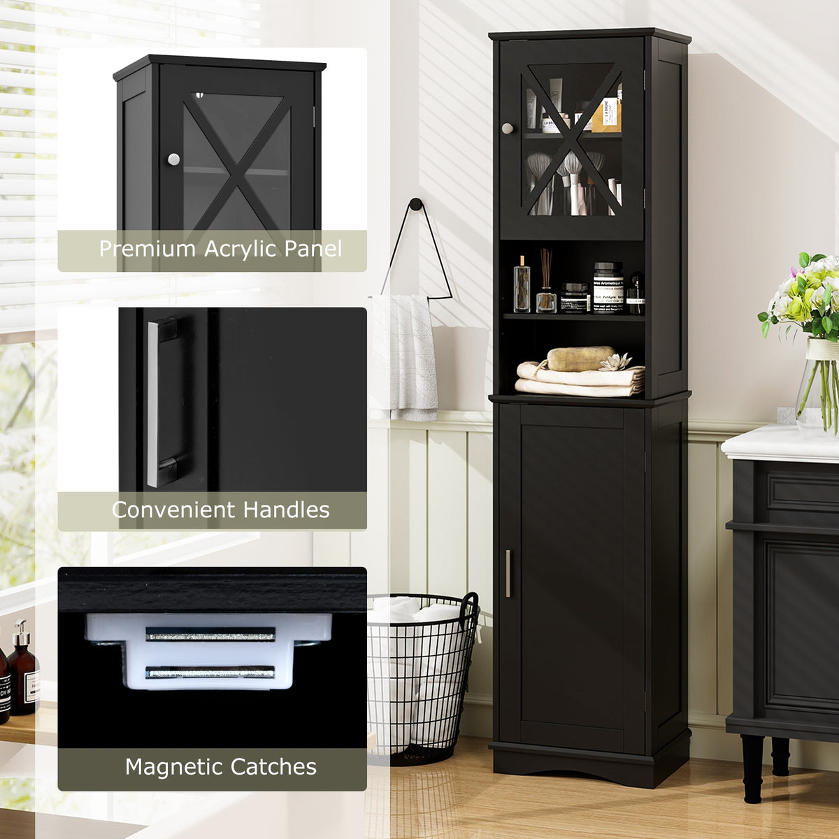 67" Tall Freestanding Bathroom Cabinet - Black Slim Storage-Floor Cabinets-DECOROLALA