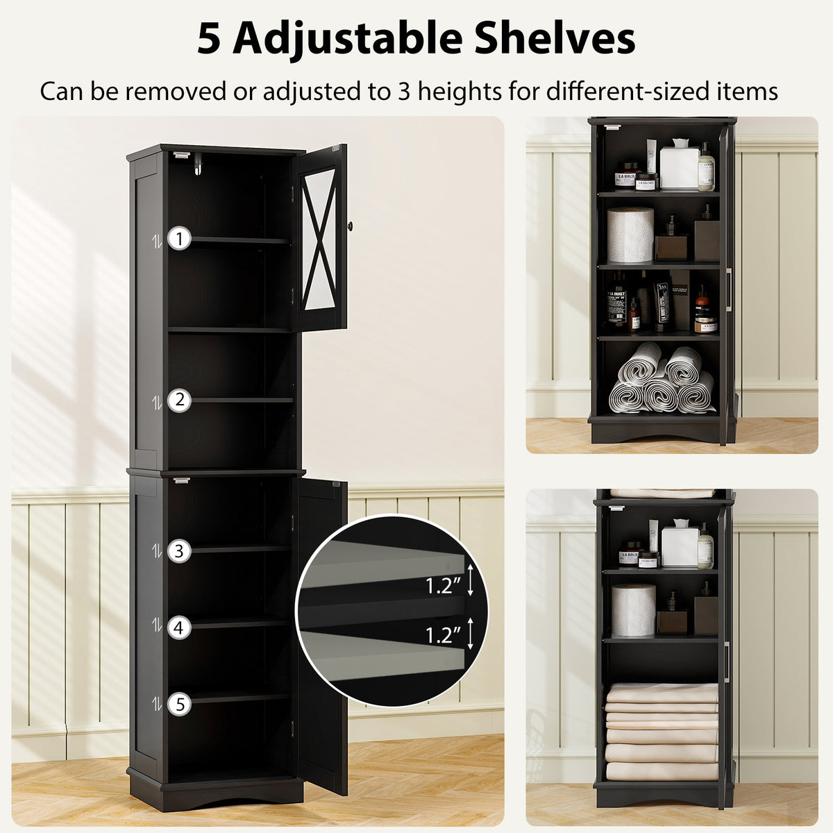 67" Tall Freestanding Bathroom Cabinet - Black Slim Storage-Floor Cabinets-DECOROLALA