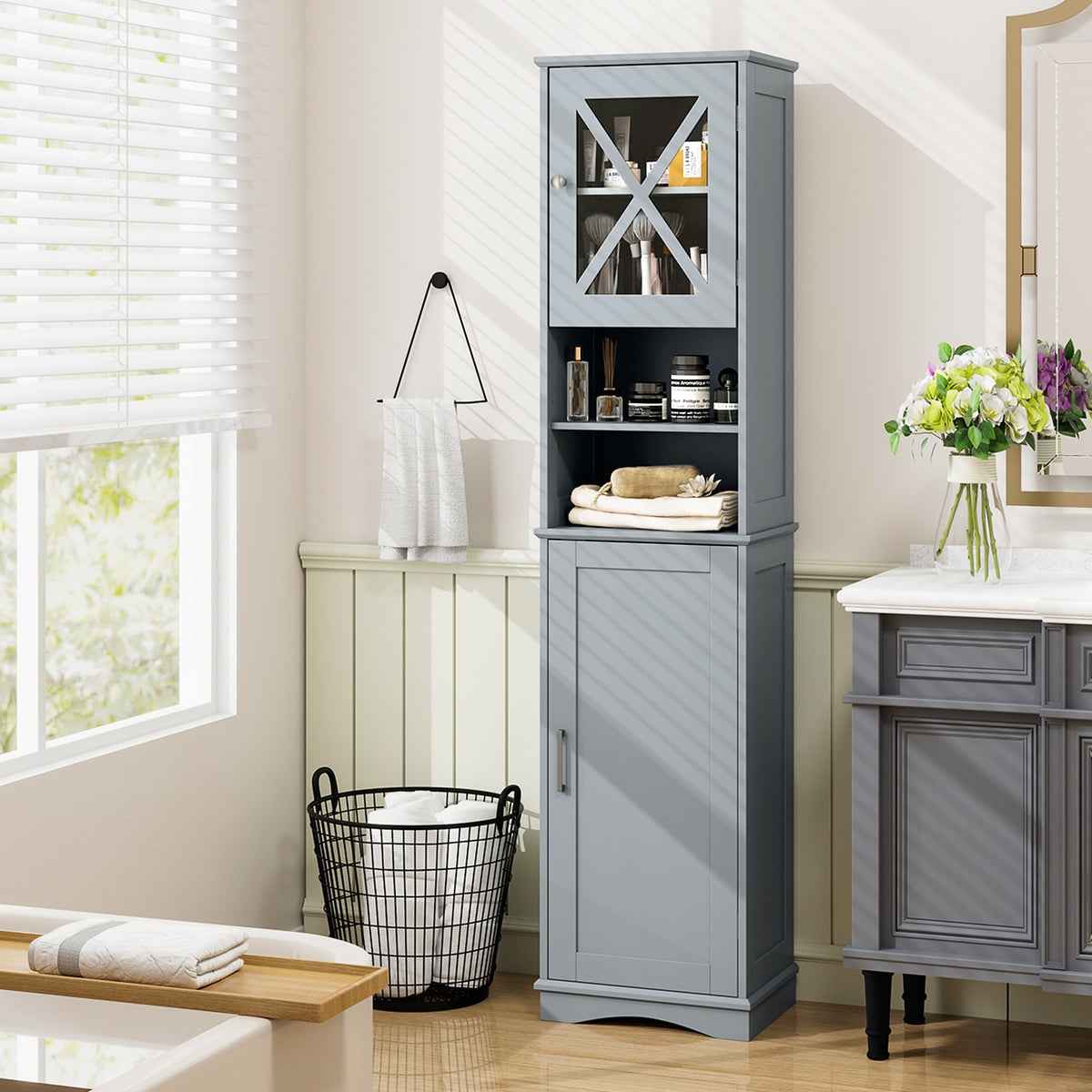 67" Tall Freestanding Bathroom Storage Cabinet - Gray-Floor Cabinets-DECOROLALA