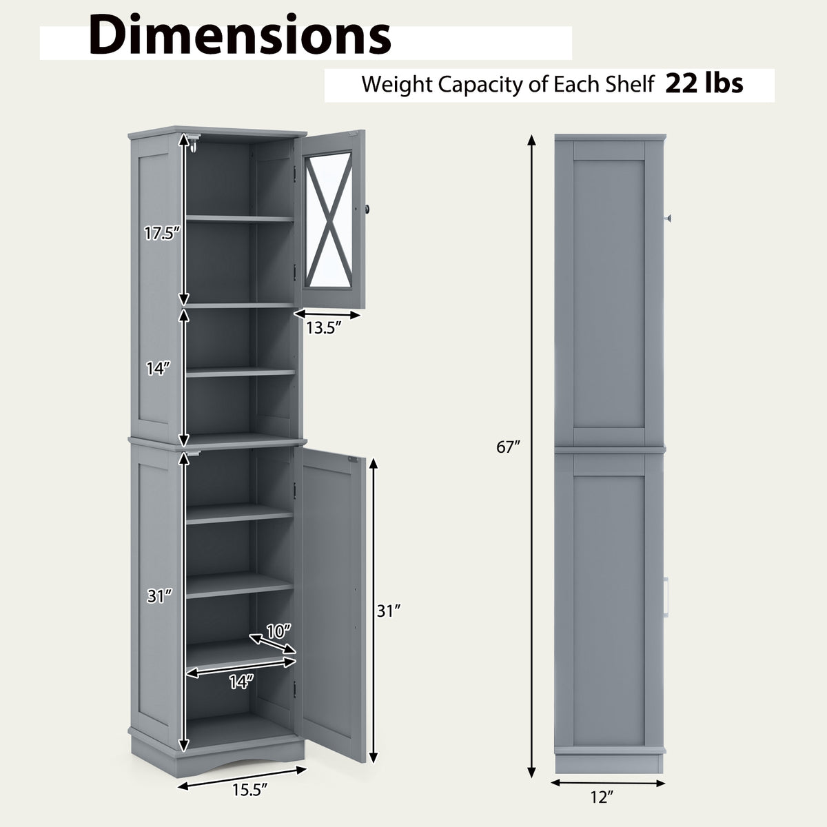 67" Tall Freestanding Bathroom Storage Cabinet - Gray-Floor Cabinets-DECOROLALA