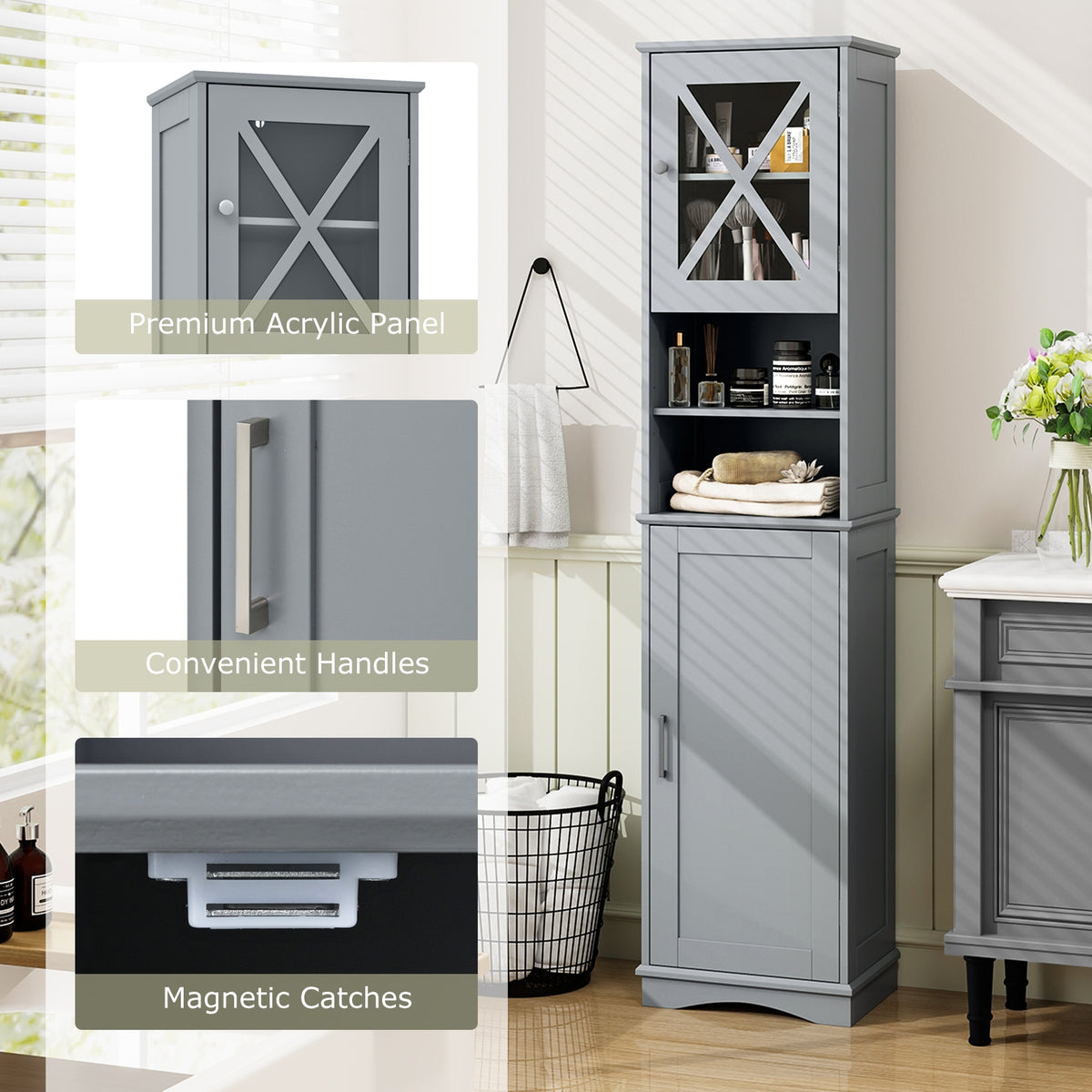 67" Tall Freestanding Bathroom Storage Cabinet - Gray-Floor Cabinets-DECOROLALA