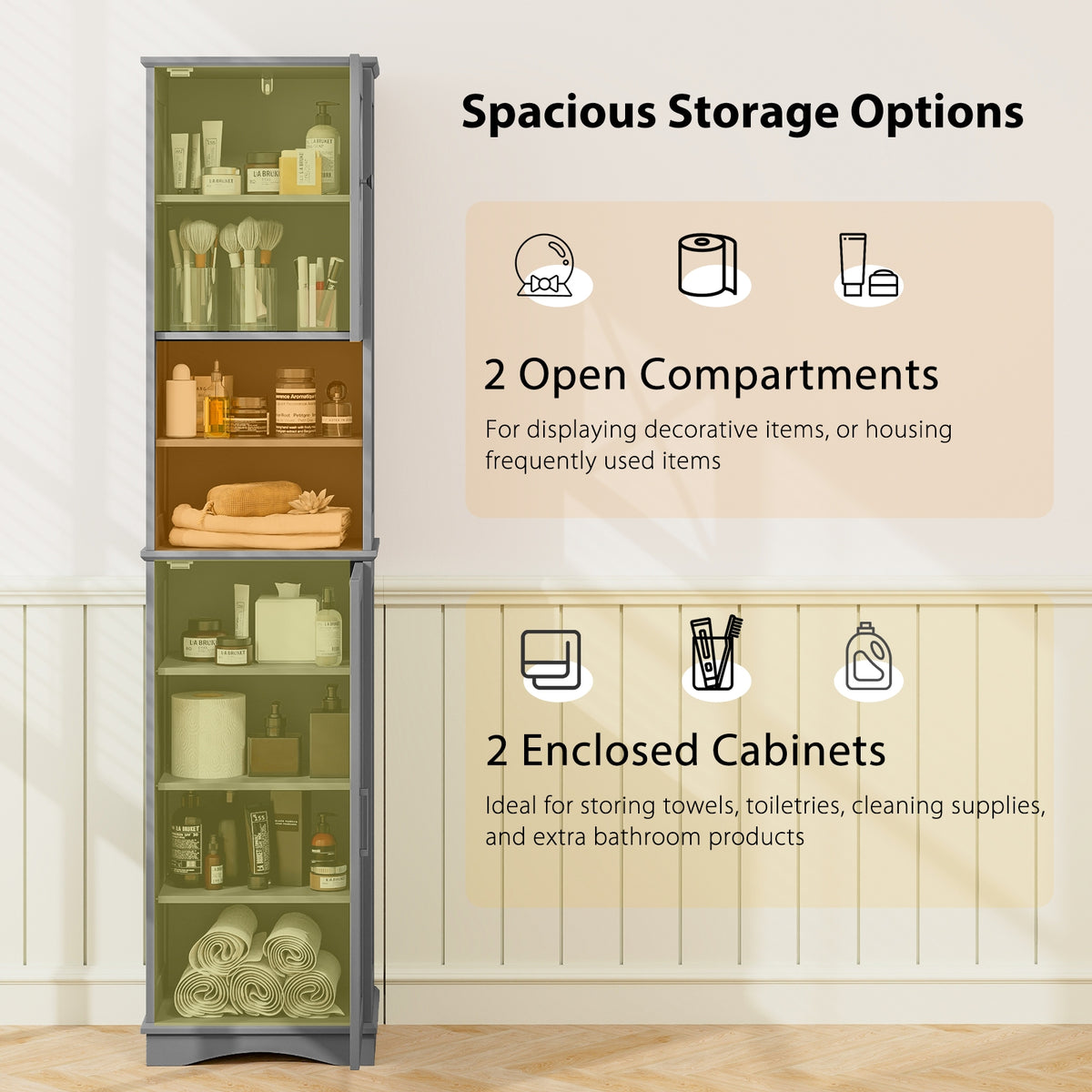 67" Tall Freestanding Bathroom Storage Cabinet - Gray-Floor Cabinets-DECOROLALA