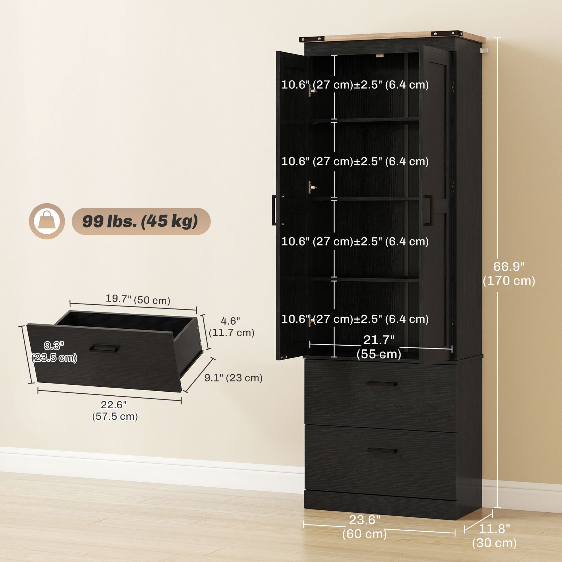 67" Tall Kitchen Cabinet - Black with Adjustable Shelves, Doors & Drawers-DECOROLALA