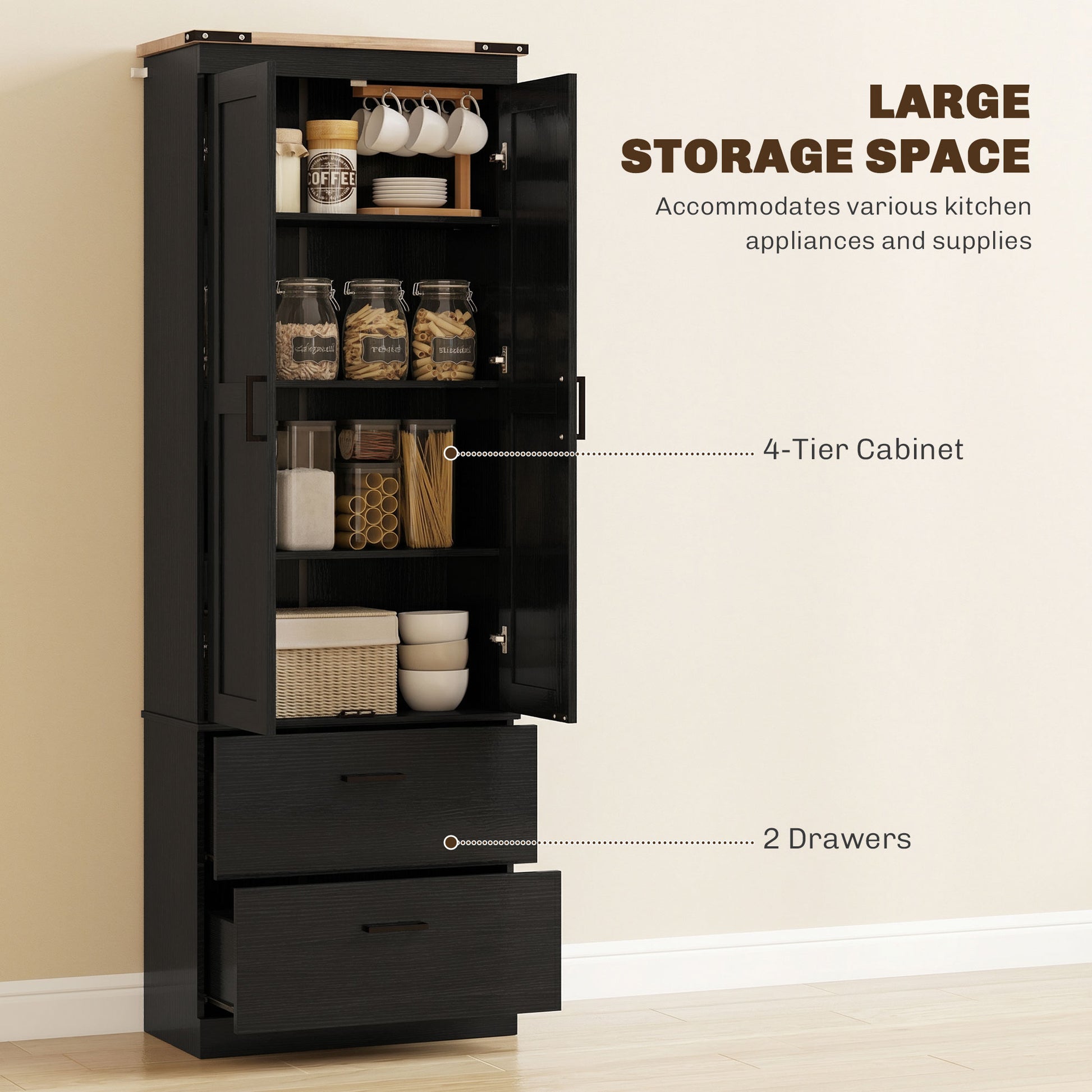 67" Tall Kitchen Cabinet - Black with Adjustable Shelves, Doors & Drawers-DECOROLALA