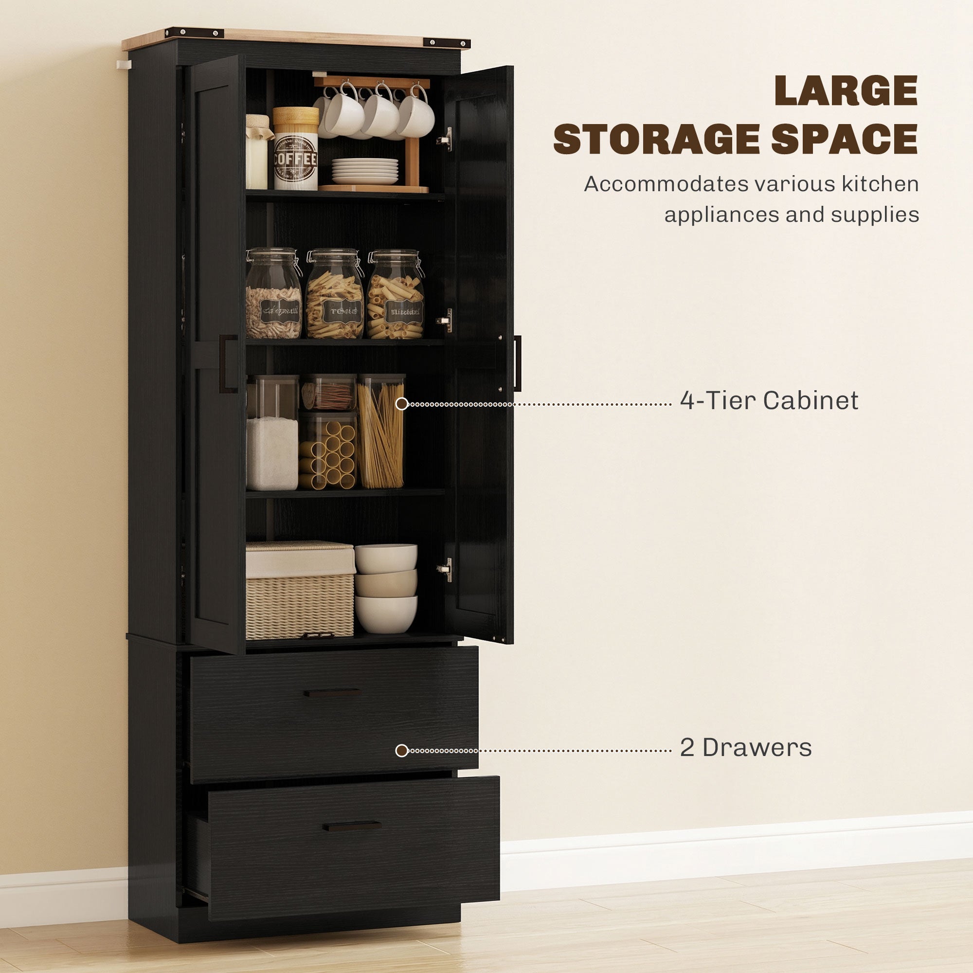 67" Tall Kitchen Cabinet - Black with Adjustable Shelves, Doors & Drawers-DECOROLALA