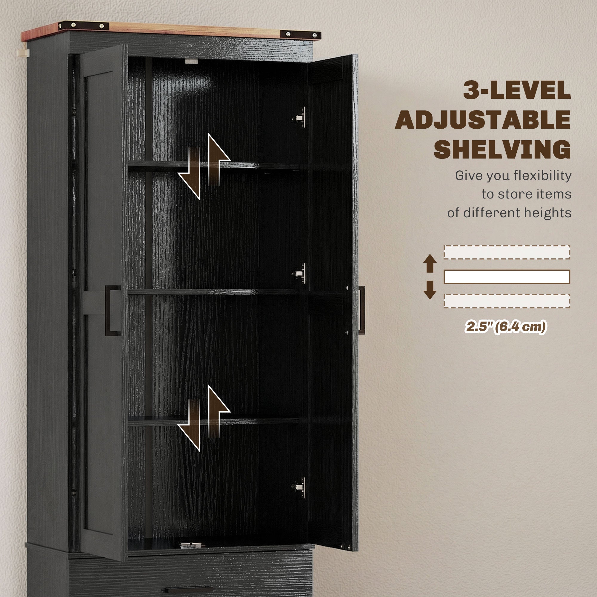 67" Tall Kitchen Cabinet - Black with Adjustable Shelves, Doors & Drawers-DECOROLALA