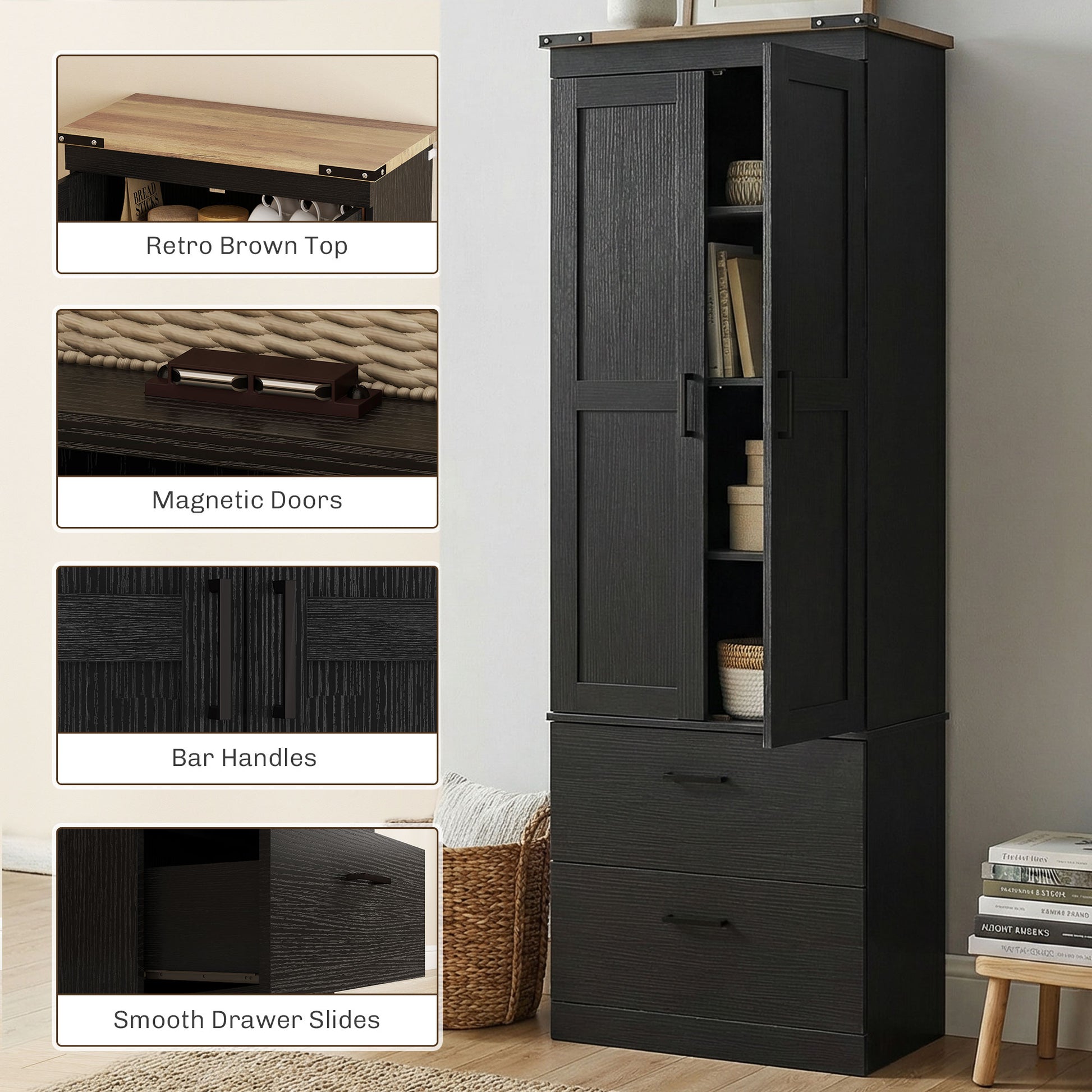 67" Tall Kitchen Cabinet - Black with Adjustable Shelves, Doors & Drawers-DECOROLALA