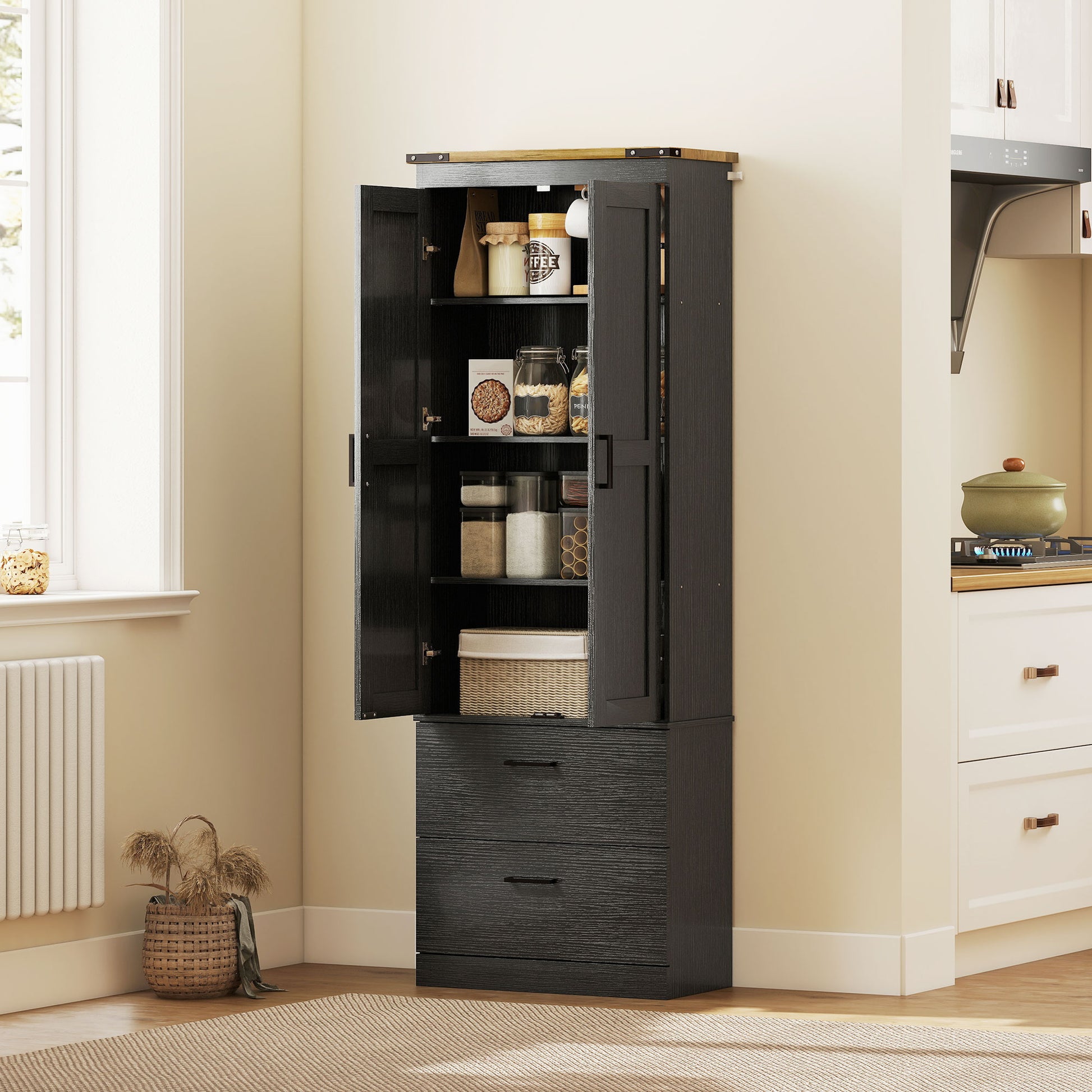 67" Tall Kitchen Cabinet - Black with Adjustable Shelves, Doors & Drawers-DECOROLALA