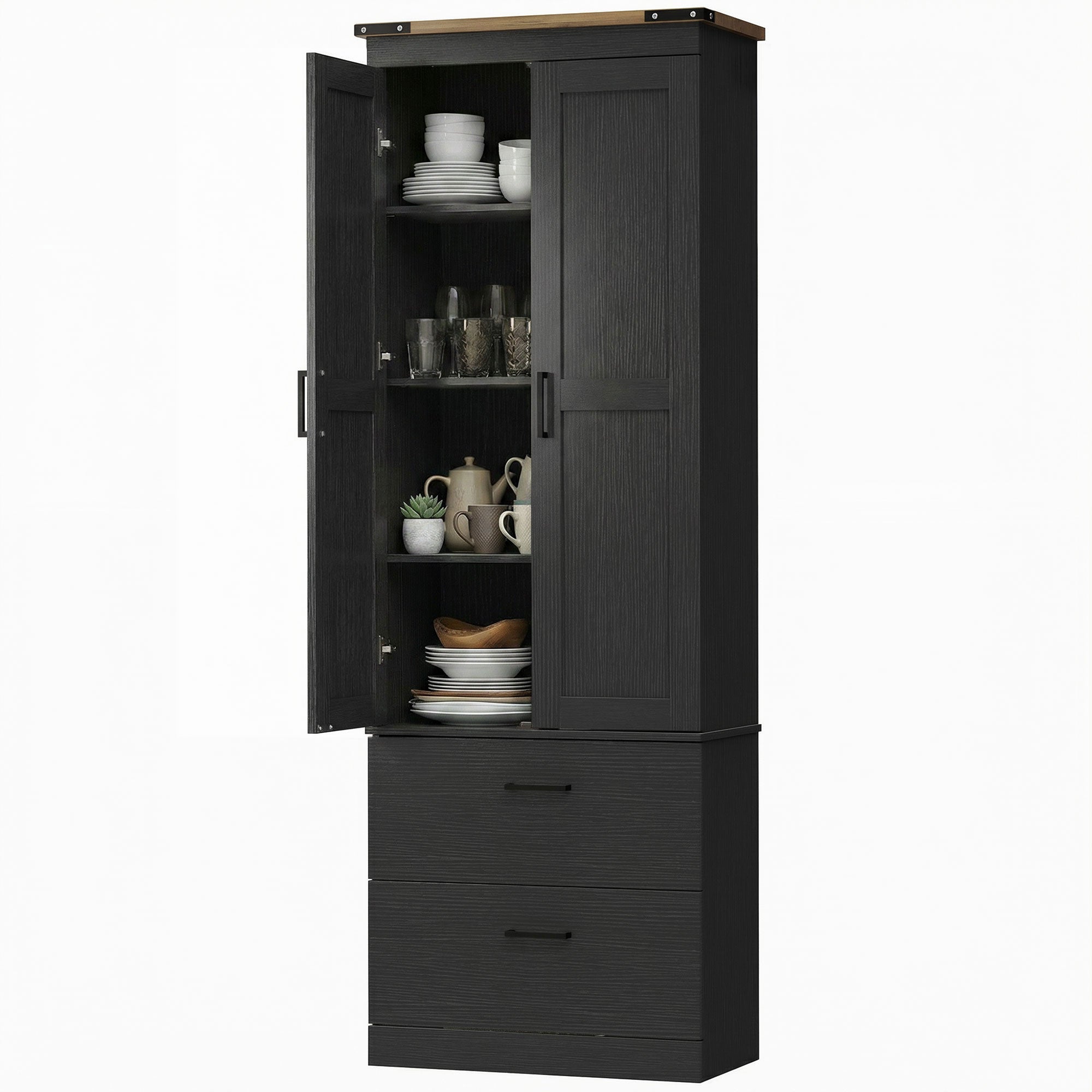67" Tall Kitchen Cabinet - Black with Adjustable Shelves, Doors & Drawers-DECOROLALA