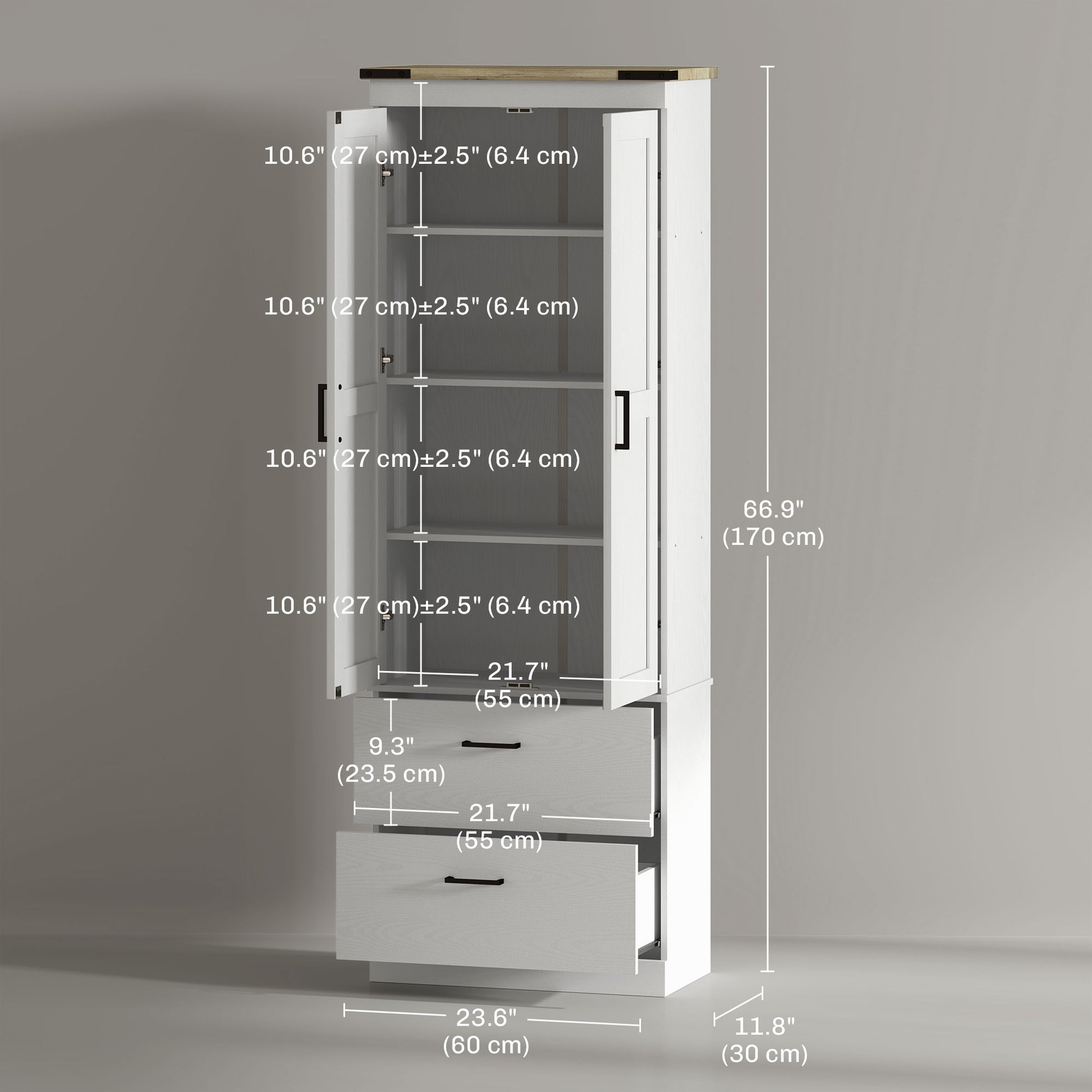 67" Tall Kitchen Pantry Cabinet with Doors, Drawers, Shelves Cream White-DECOROLALA