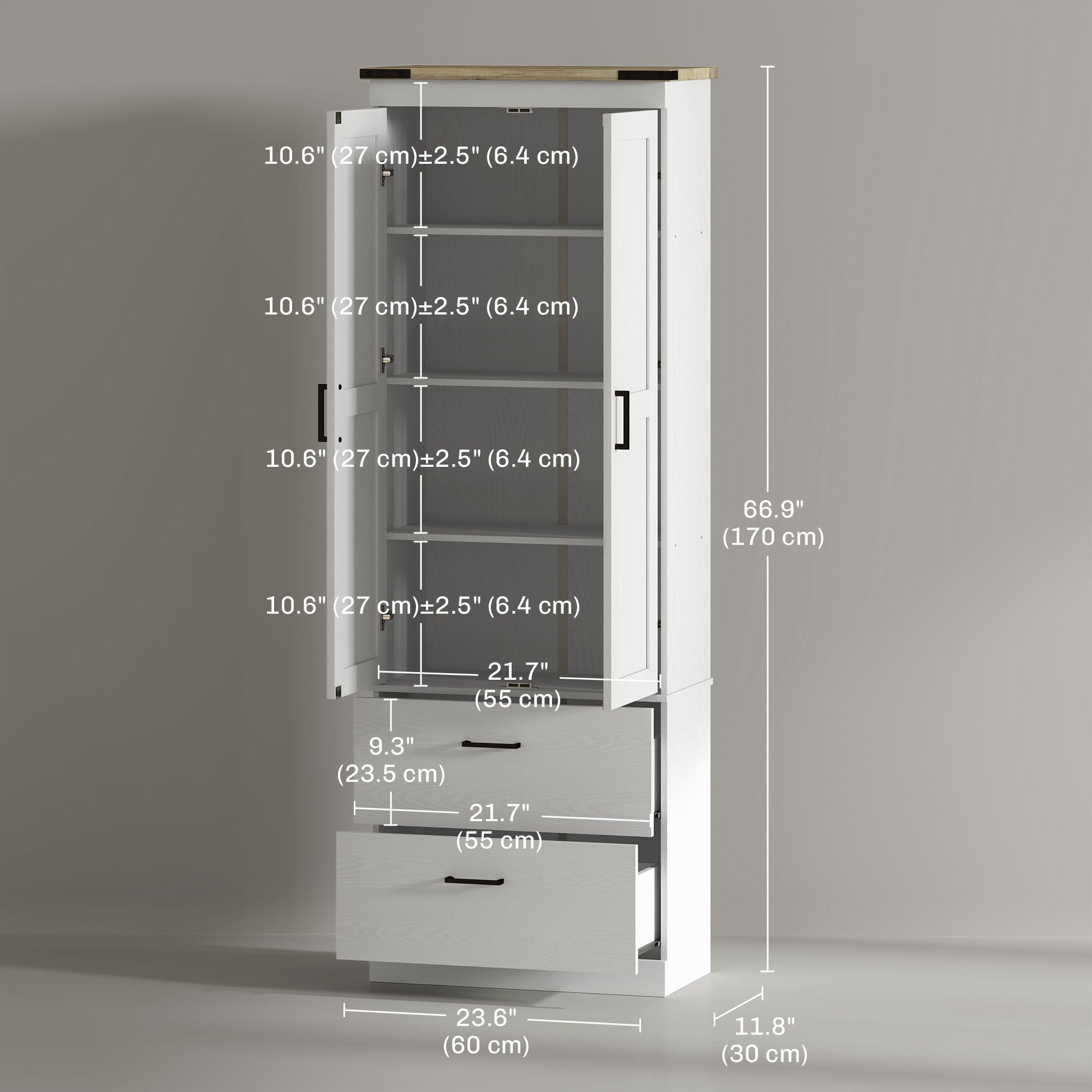 67" Tall Kitchen Pantry Cabinet with Doors, Drawers, Shelves Cream White-DECOROLALA