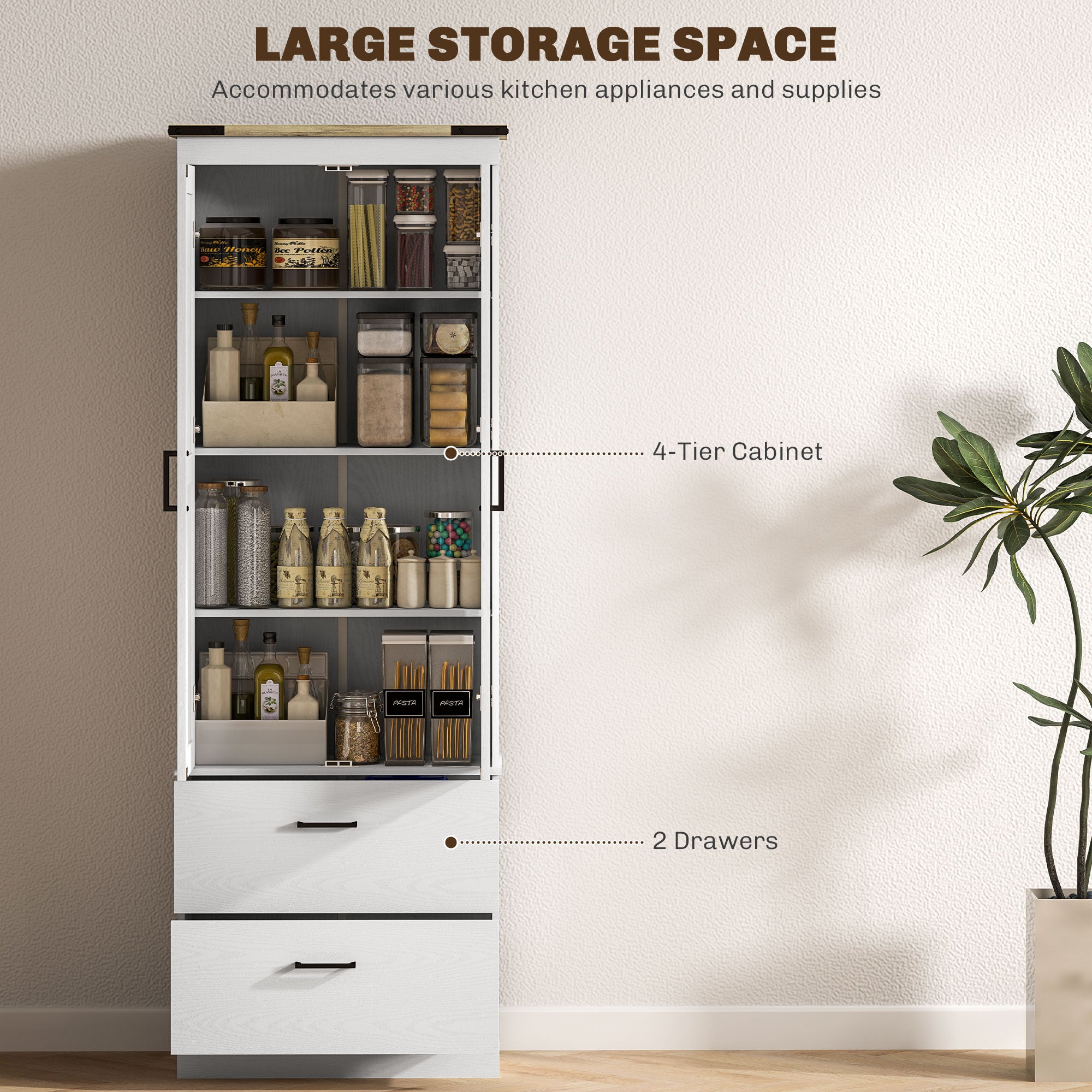 67" Tall Kitchen Pantry Cabinet with Doors, Drawers, Shelves Cream White-DECOROLALA