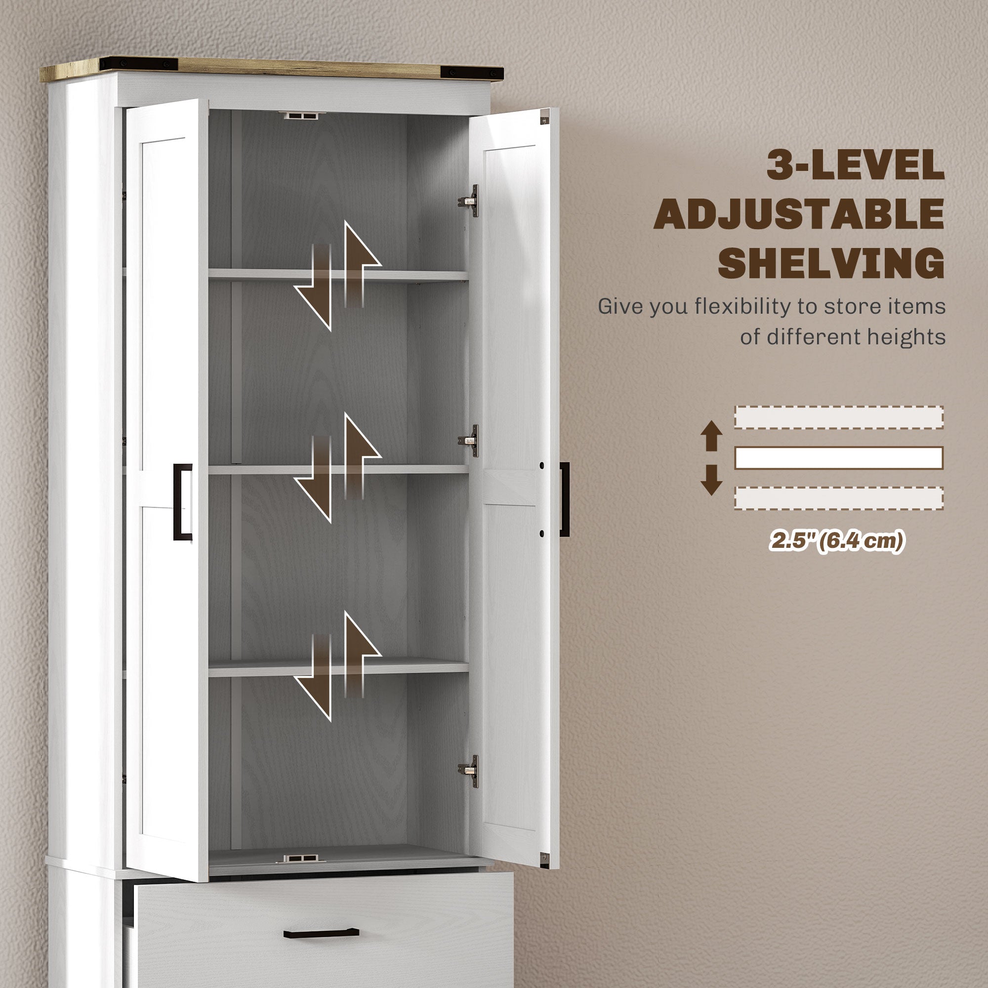 67" Tall Kitchen Pantry Cabinet with Doors, Drawers, Shelves Cream White-DECOROLALA
