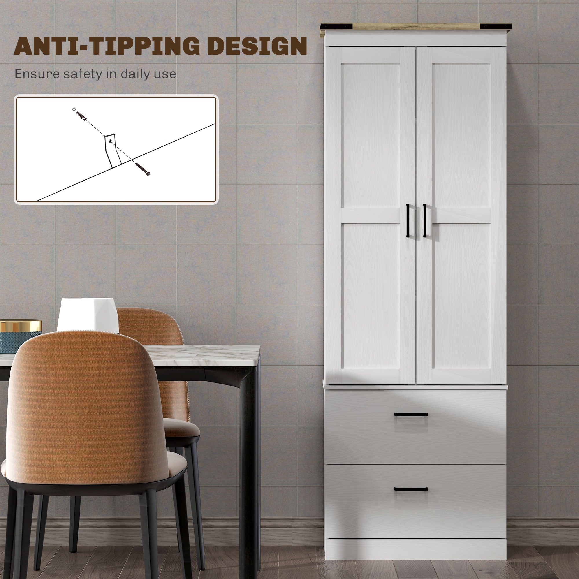 67" Tall Kitchen Pantry Cabinet with Doors, Drawers, Shelves Cream White-DECOROLALA