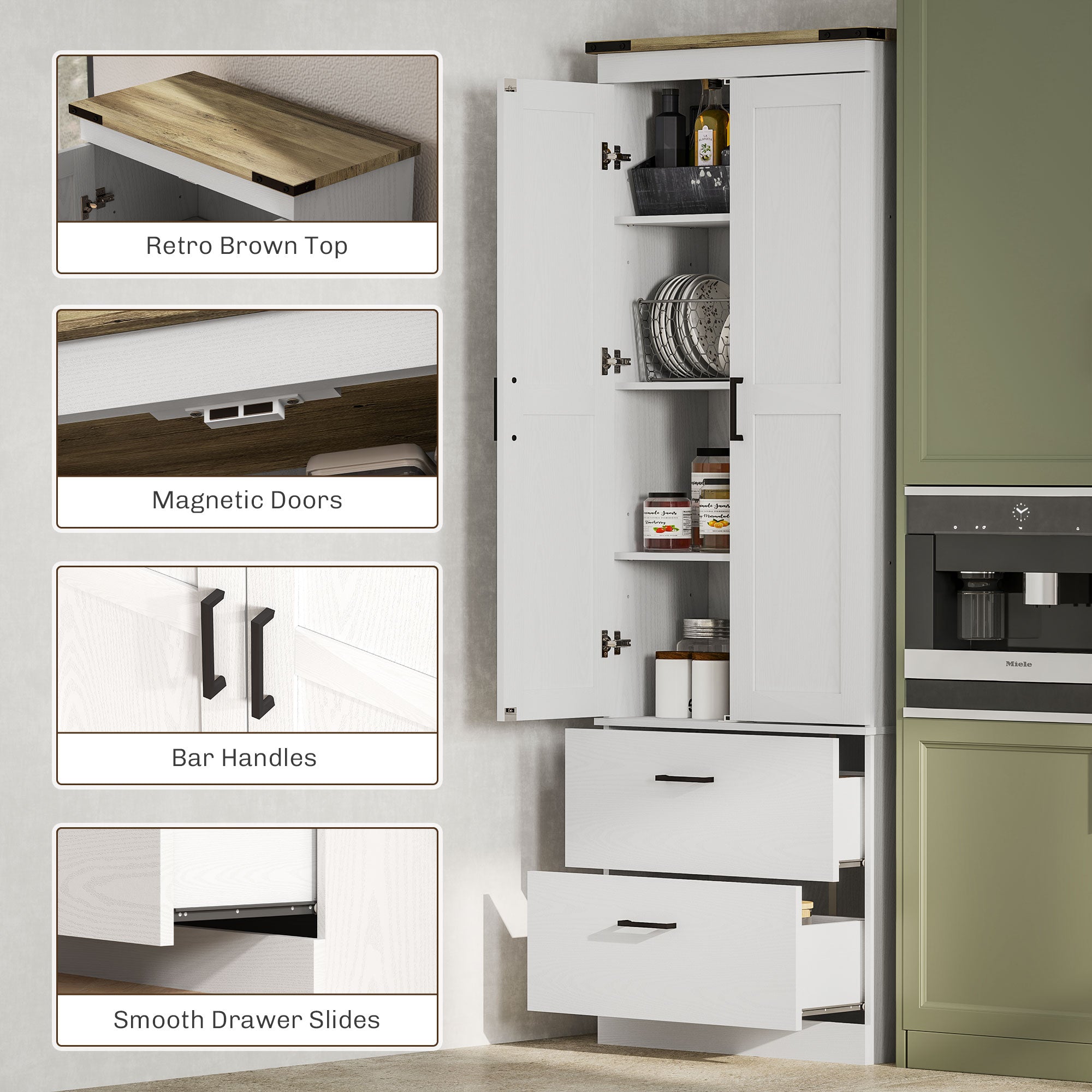 67" Tall Kitchen Pantry Cabinet with Doors, Drawers, Shelves Cream White-DECOROLALA