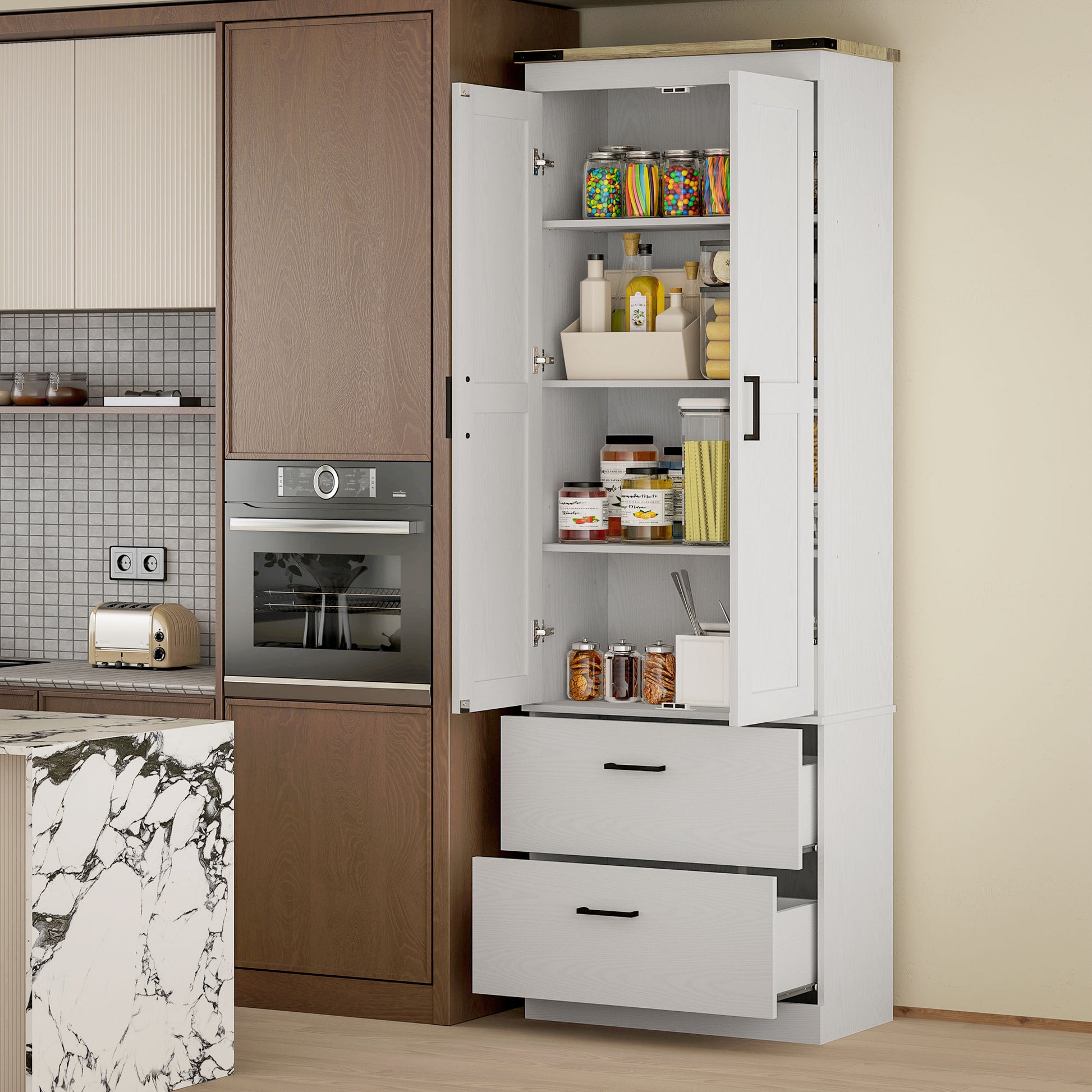 67" Tall Kitchen Pantry Cabinet with Doors, Drawers, Shelves Cream White-DECOROLALA