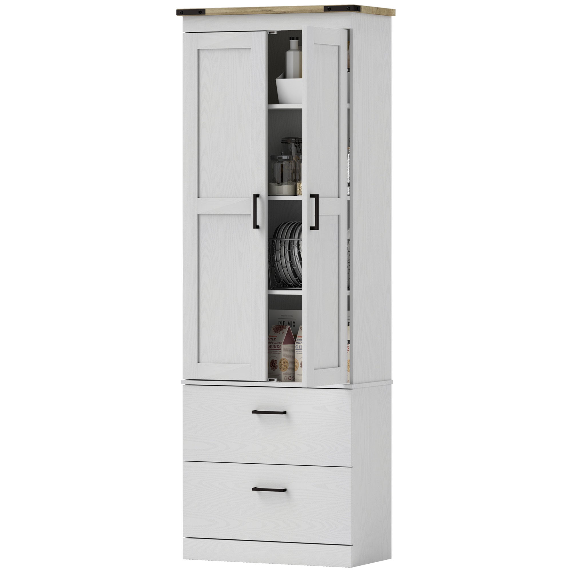 67" Tall Kitchen Pantry Cabinet with Doors, Drawers, Shelves Cream White-DECOROLALA