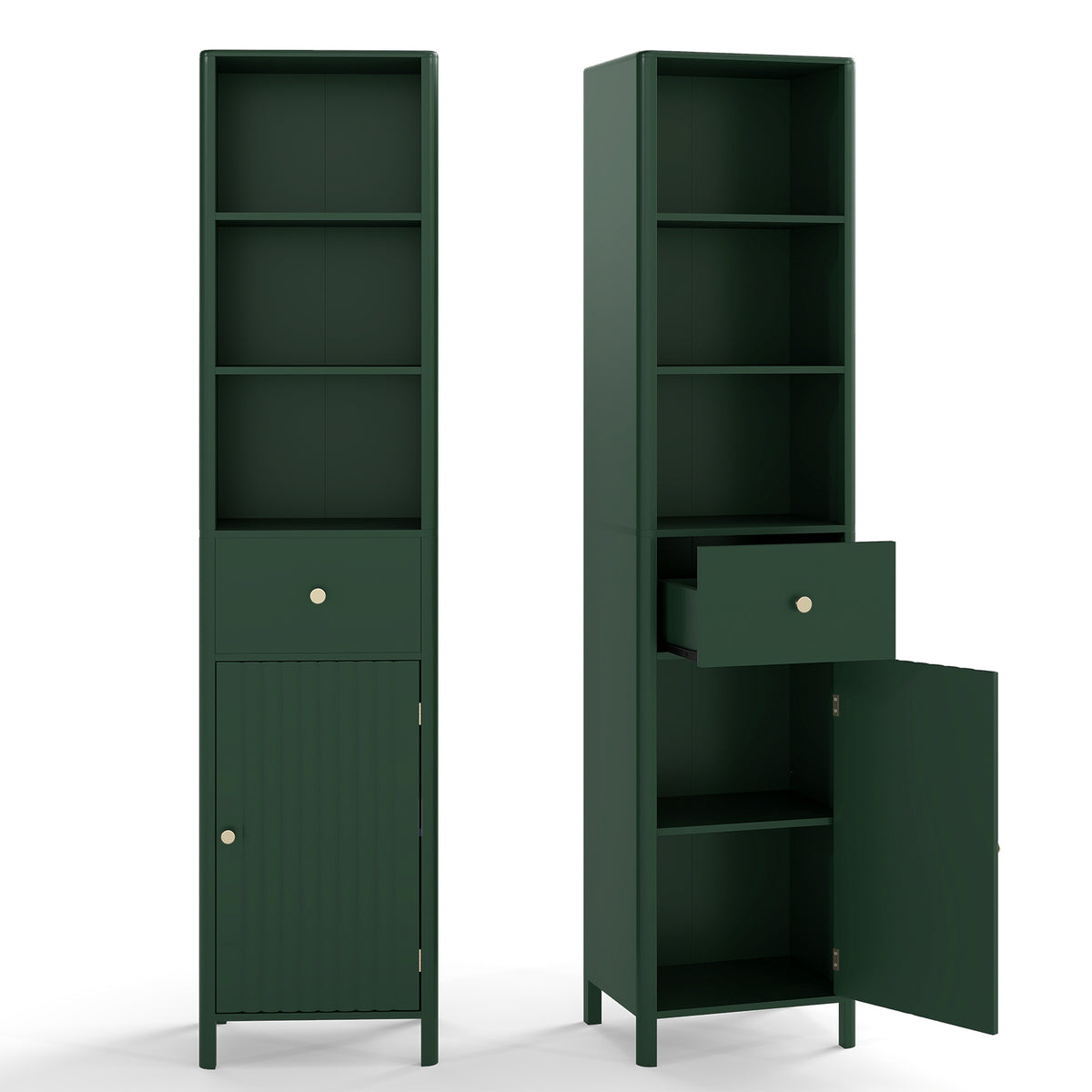 67" Tall Narrow Bathroom Cabinet with Fluted Door - Green-Floor Cabinets-DECOROLALA
