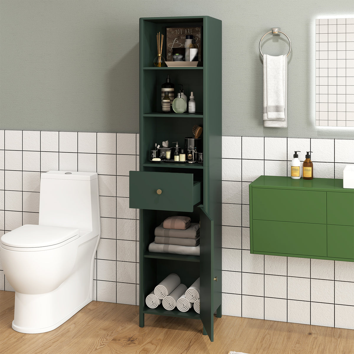 67" Tall Narrow Bathroom Cabinet with Fluted Door - Green-Floor Cabinets-DECOROLALA