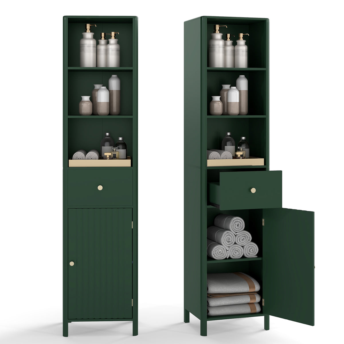 67" Tall Narrow Bathroom Cabinet with Fluted Door - Green-Floor Cabinets-DECOROLALA
