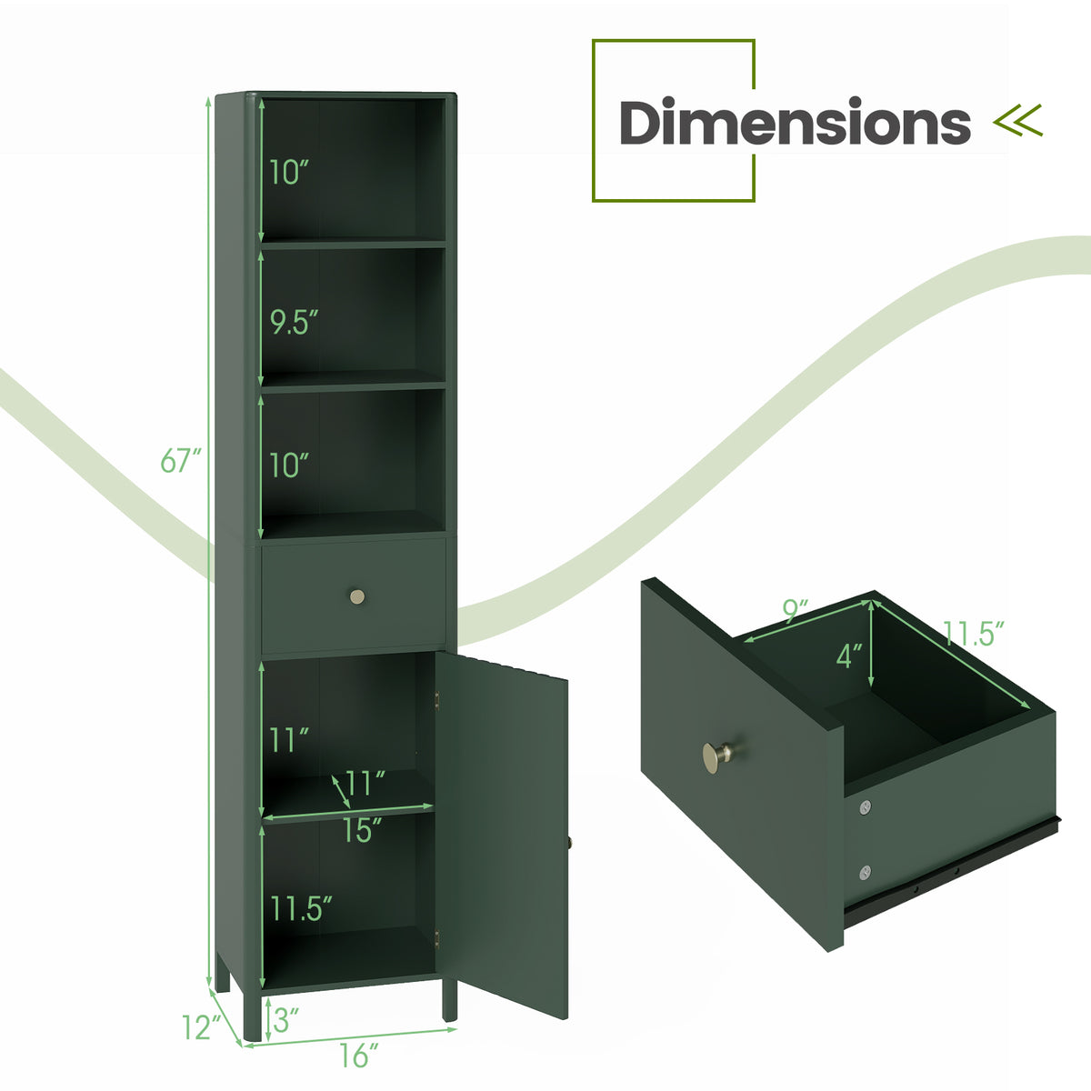 67" Tall Narrow Bathroom Cabinet with Fluted Door - Green-Floor Cabinets-DECOROLALA