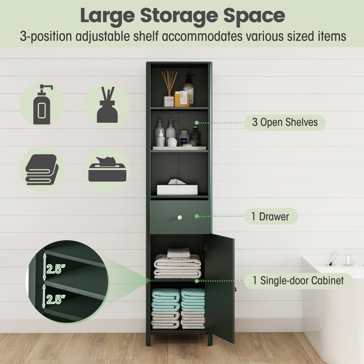 67" Tall Narrow Bathroom Cabinet with Fluted Door - Green-Floor Cabinets-DECOROLALA