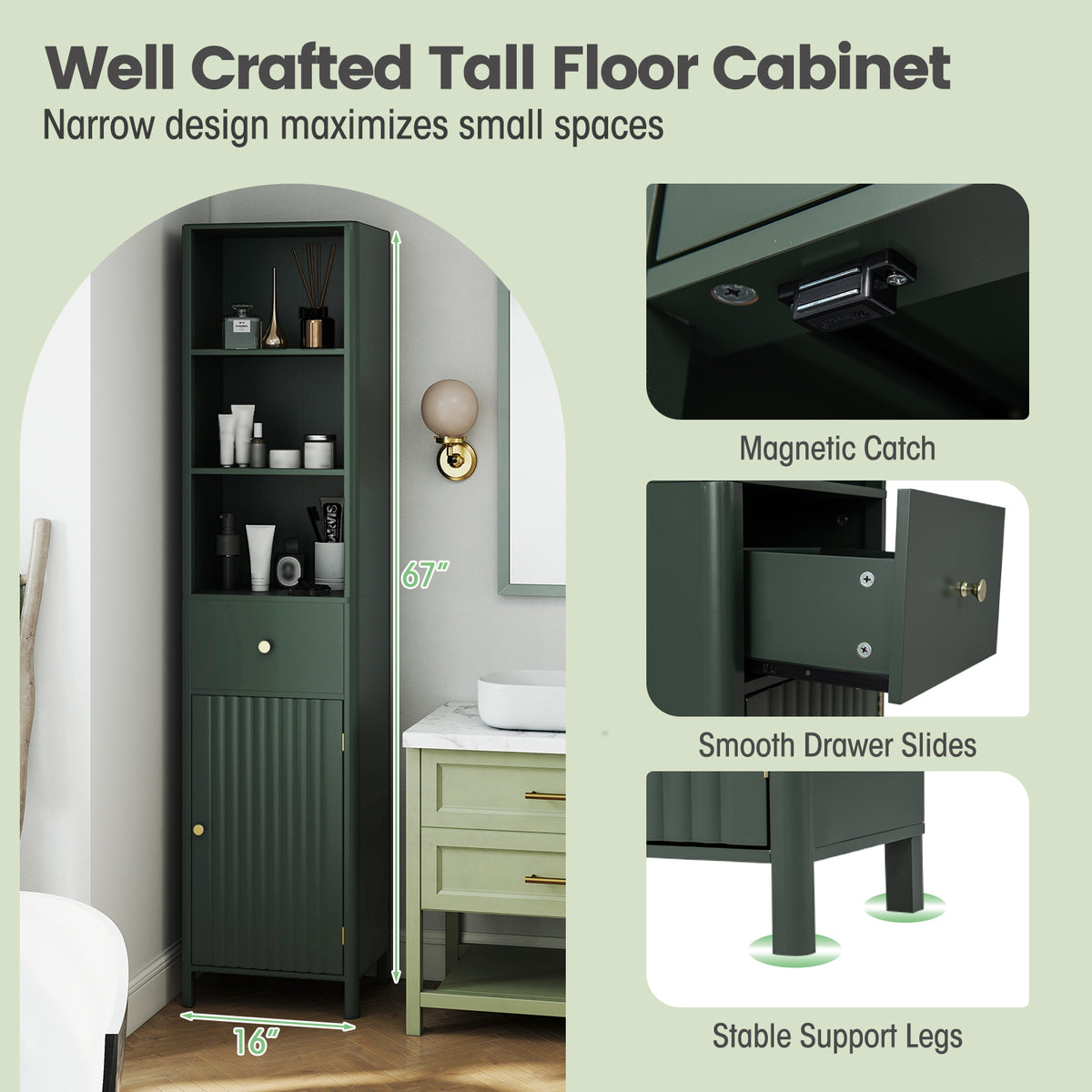67" Tall Narrow Bathroom Cabinet with Fluted Door - Green-Floor Cabinets-DECOROLALA